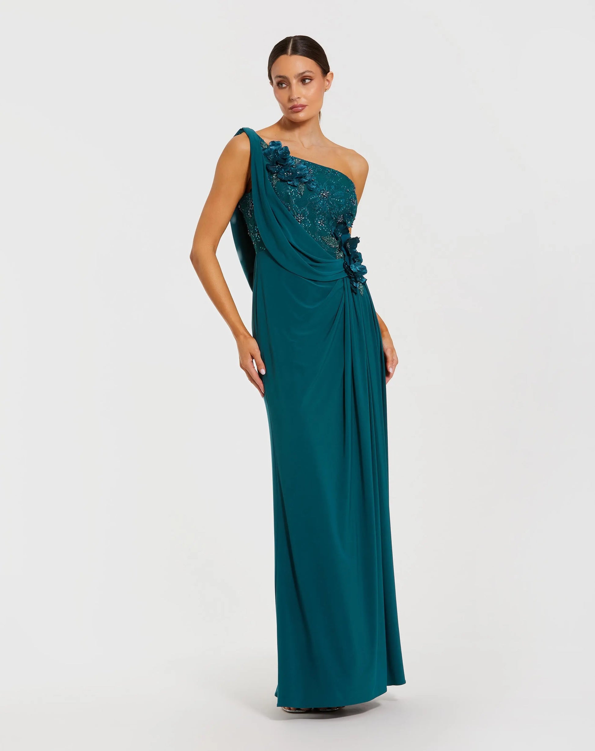Teal One Shoulder Draped Jersey Gown With 3D Flowers | Mac Duggal Teal One Shoulder Draped Jersey Gown With 3D Flowers | Mac Duggal