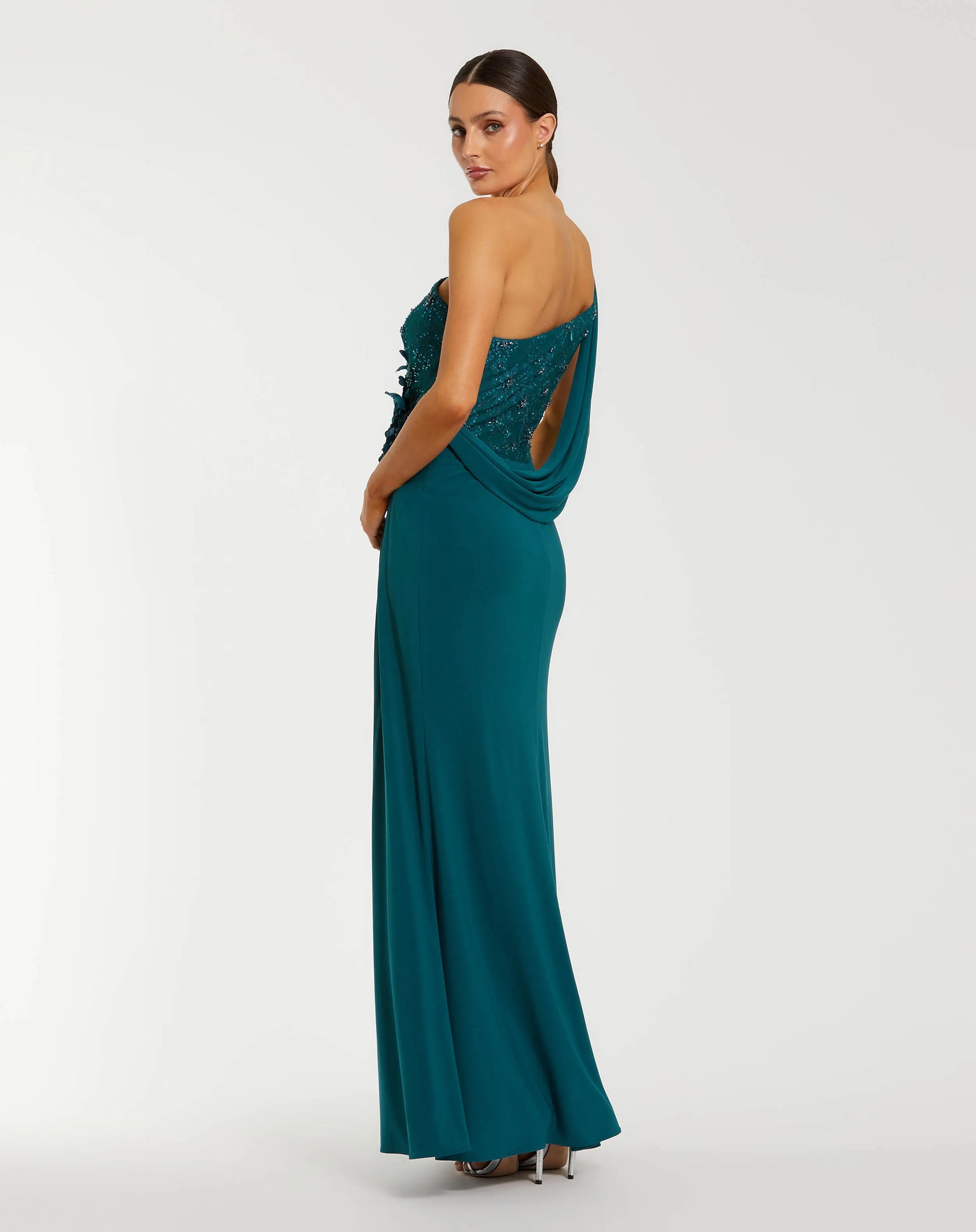Teal One Shoulder Draped Jersey Gown With 3D Flowers | Mac Duggal Teal One Shoulder Draped Jersey Gown With 3D Flowers | Mac Duggal