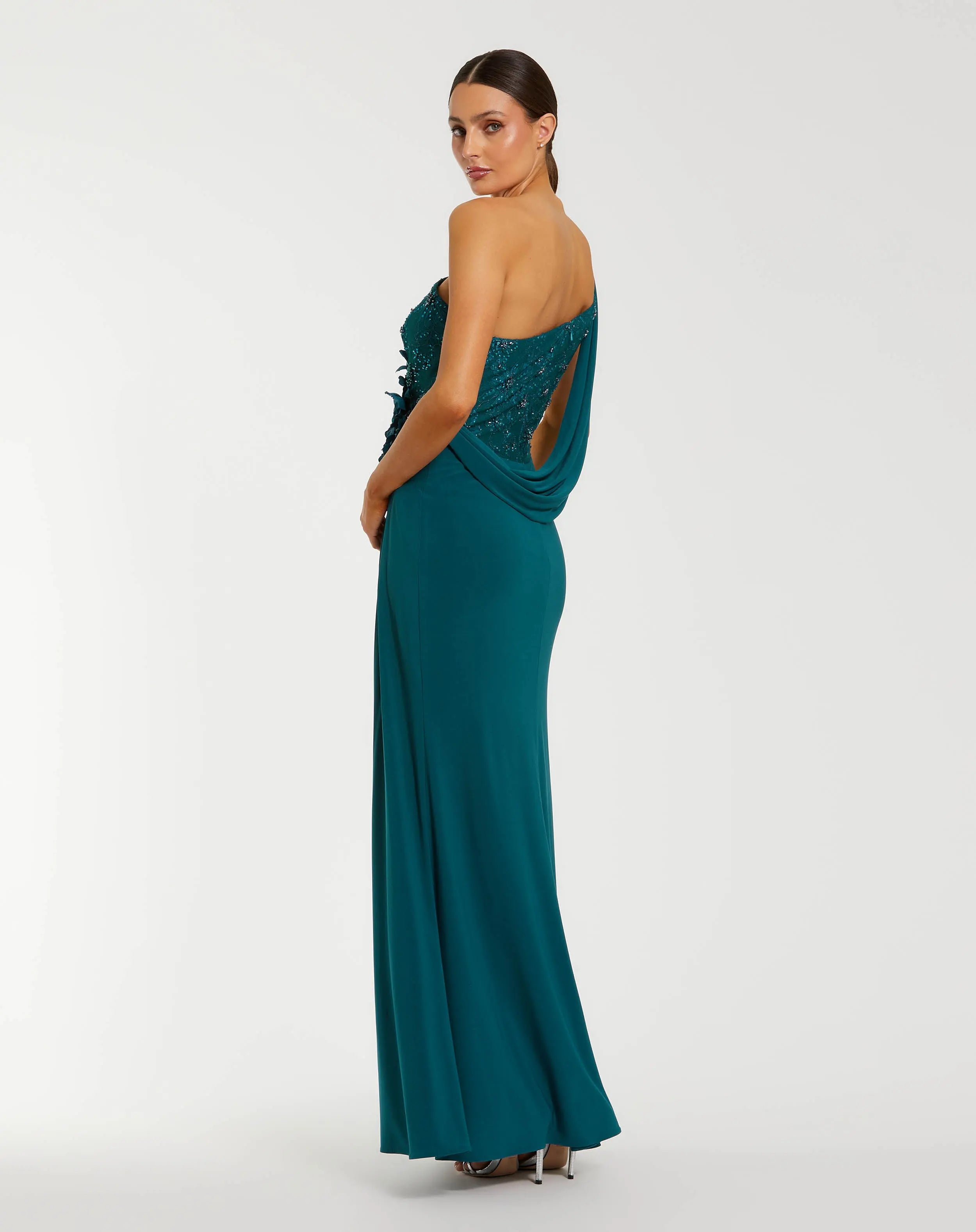 Teal One Shoulder Draped Jersey Gown With 3D Flowers - Mac Duggal
