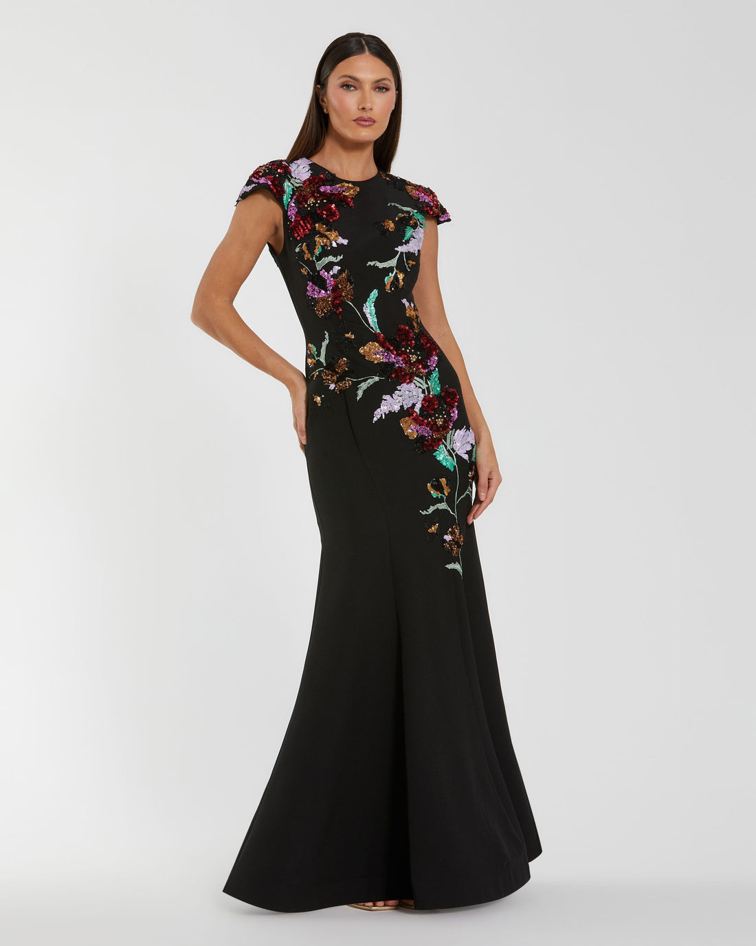 Black Crepe Mermaid Gown With Floral Embroidery - Mac Duggal