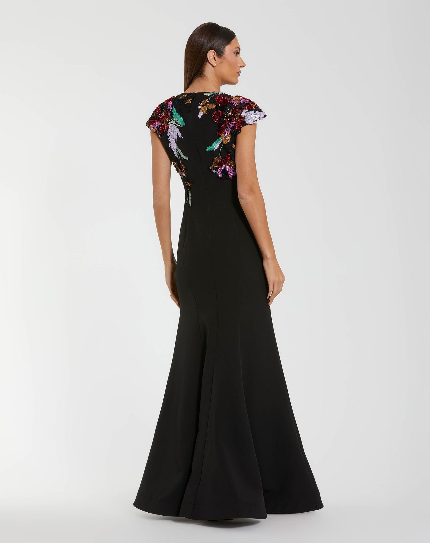 Black Crepe Mermaid Gown With Floral Embroidery - Mac Duggal