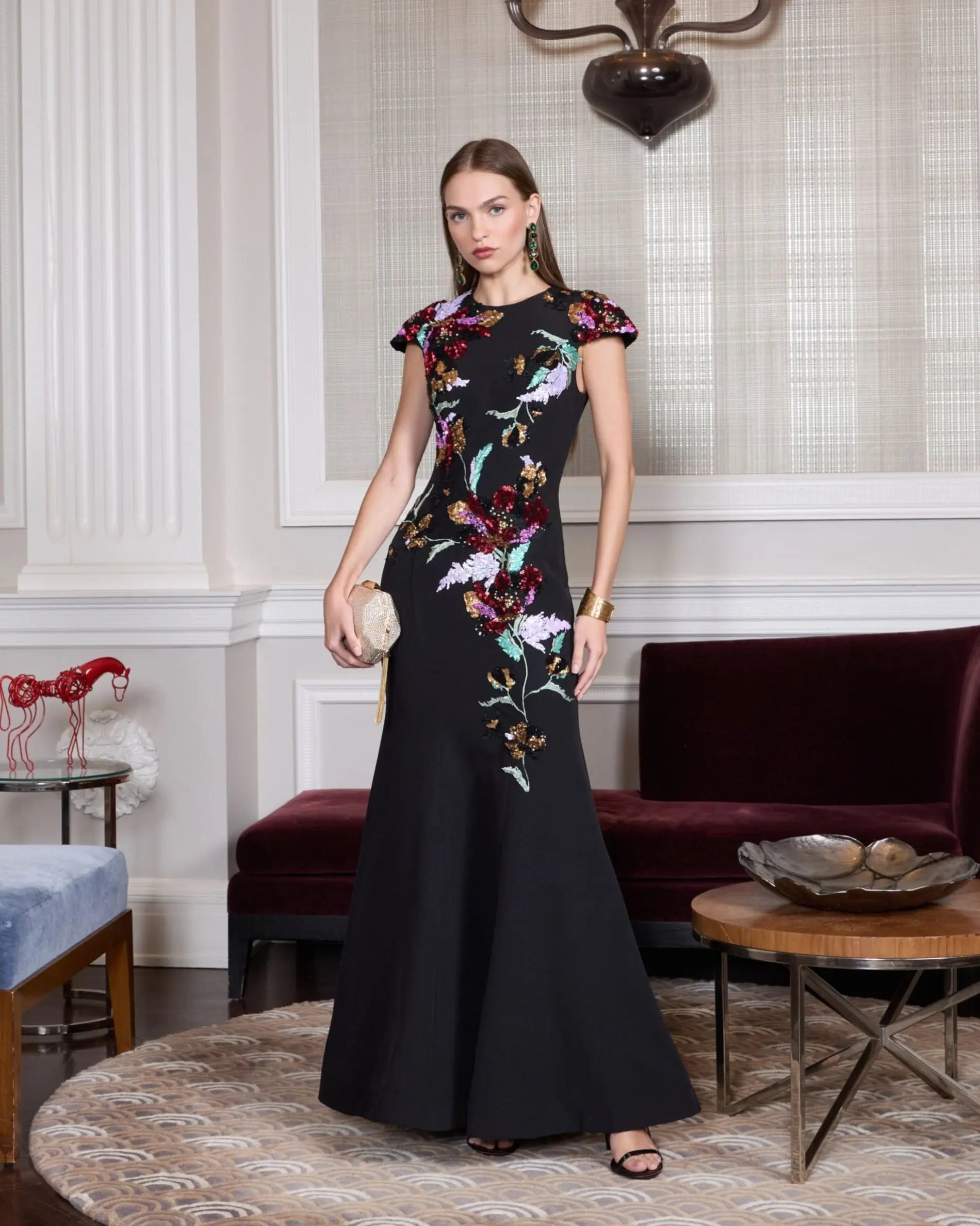 Black Crepe Mermaid Gown With Floral Embroidery - Mac Duggal