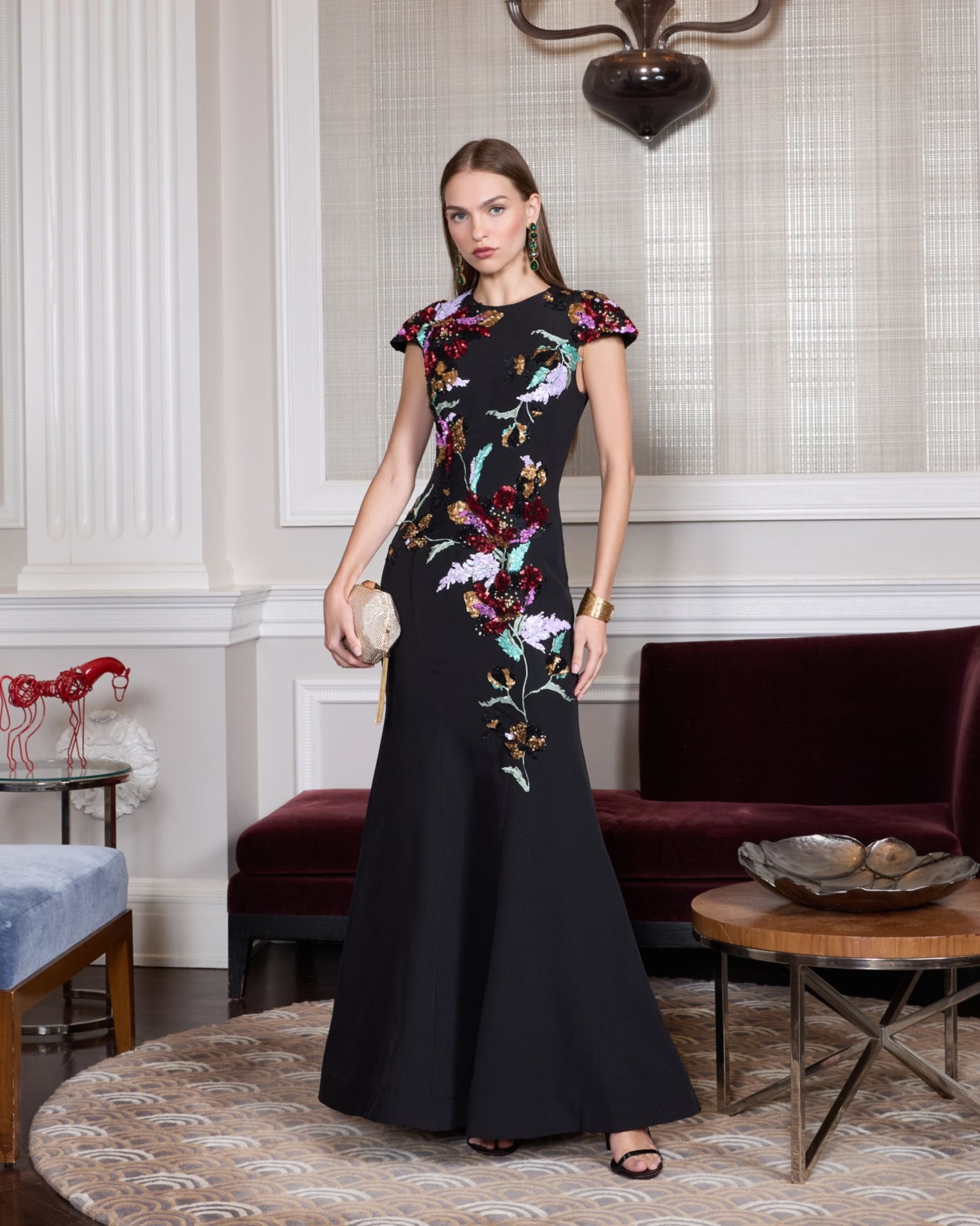 Black Crepe Mermaid Gown With Floral Embroidery - Mac Duggal