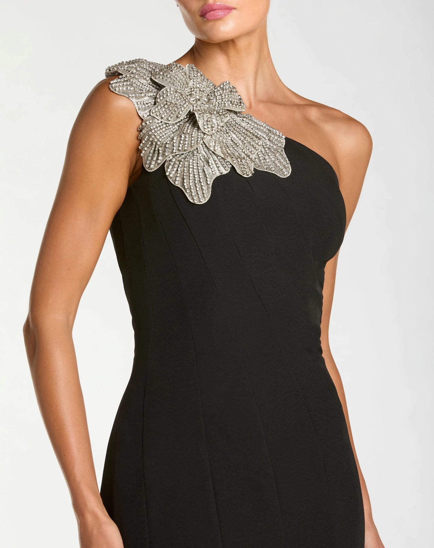 Black Petite Crepe One Shoulder Mermaid Midi Dress With Flower Mac Duggal