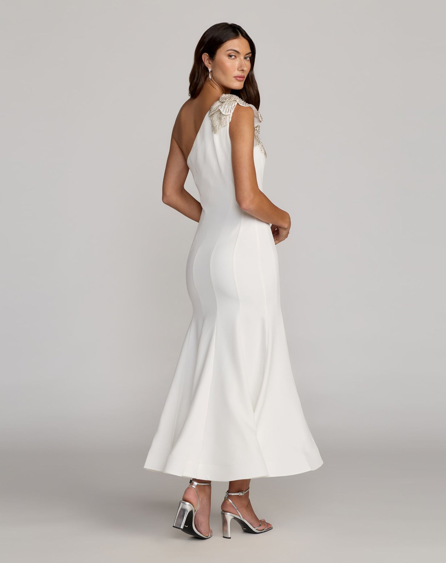 White Crepe One Shoulder Midi Dress with Flower - Mac Duggal