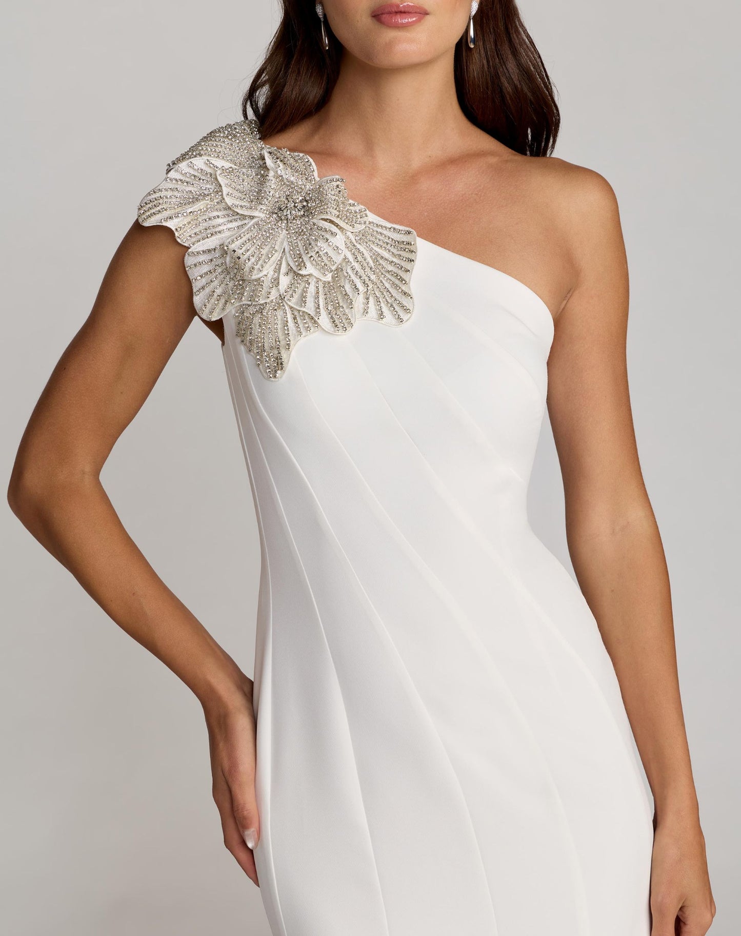White Crepe One Shoulder Midi Dress with Flower - Mac Duggal