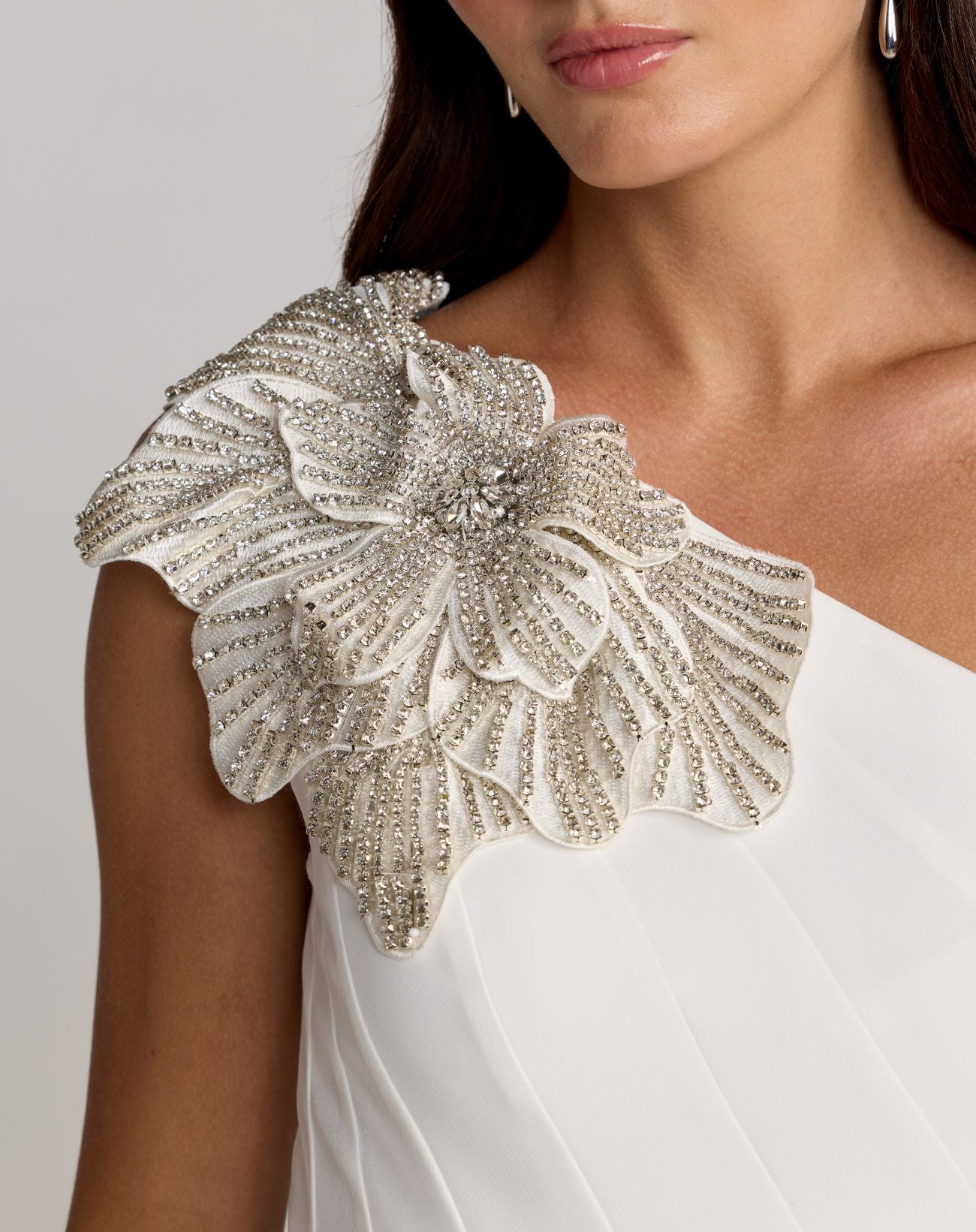 White Crepe One Shoulder Midi Dress with Flower - Mac Duggal