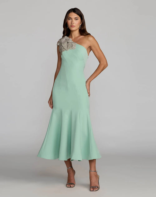 Green Crepe One Shoulder Mermaid Midi Dress with Flower - Mac Duggal