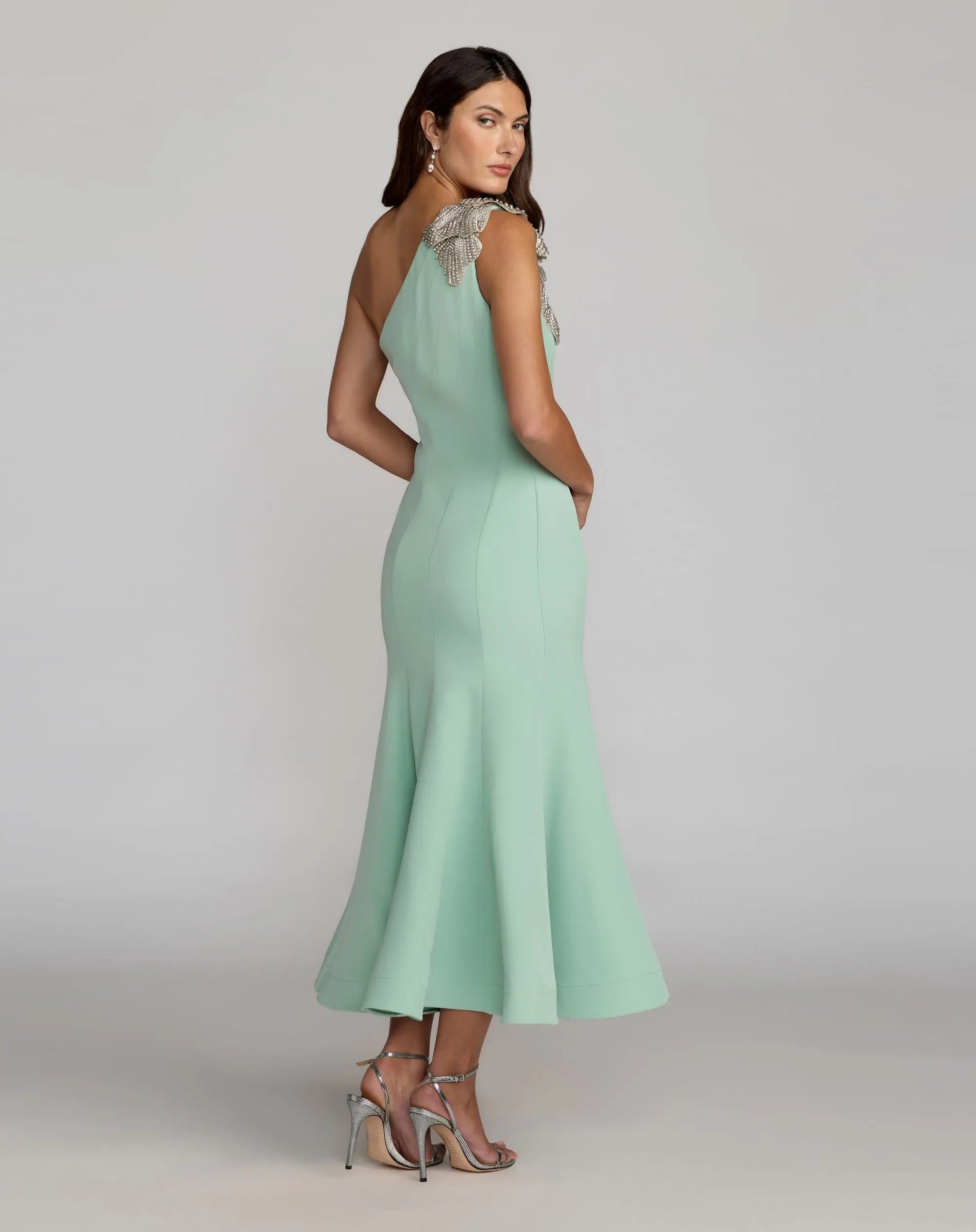 Green Crepe One Shoulder Mermaid Midi Dress with Flower | Mac Duggal Green Crepe One Shoulder Mermaid Midi Dress with Flower | Mac Duggal