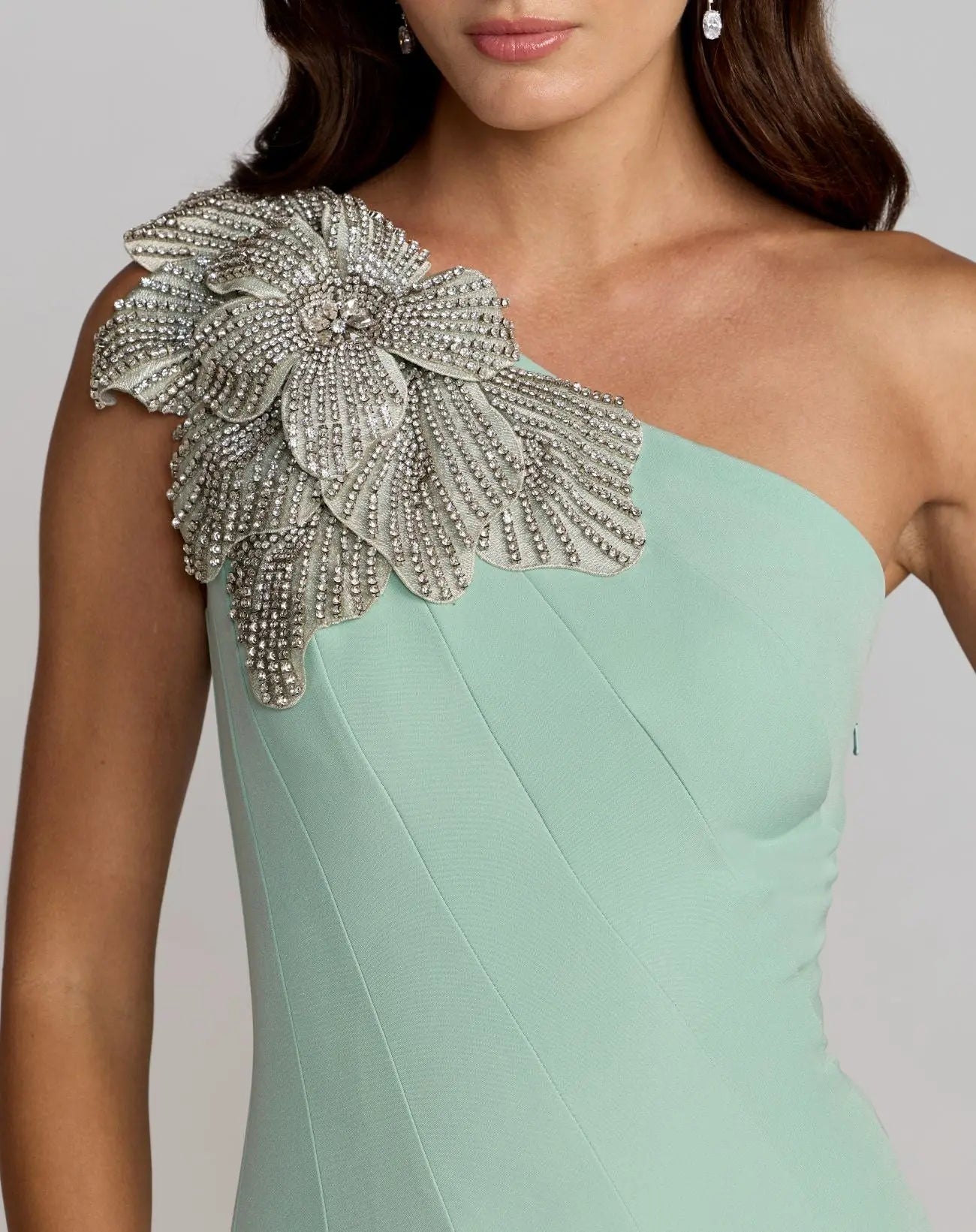Green Crepe One Shoulder Mermaid Midi Dress with Flower | Mac Duggal Green Crepe One Shoulder Mermaid Midi Dress with Flower | Mac Duggal