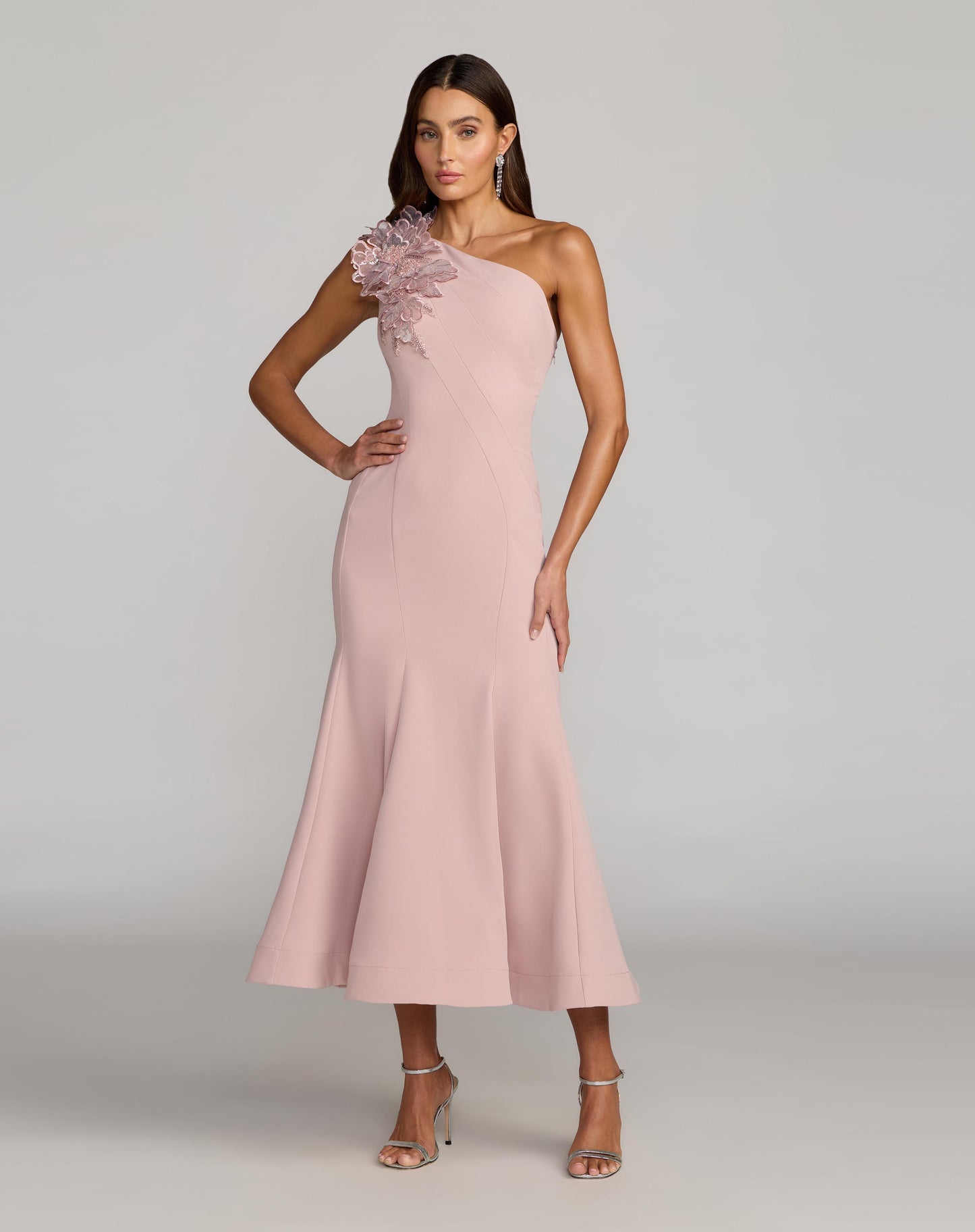 Pink One Shoulder Trumpet Midi Dress with 3D Flower Mac Duggal