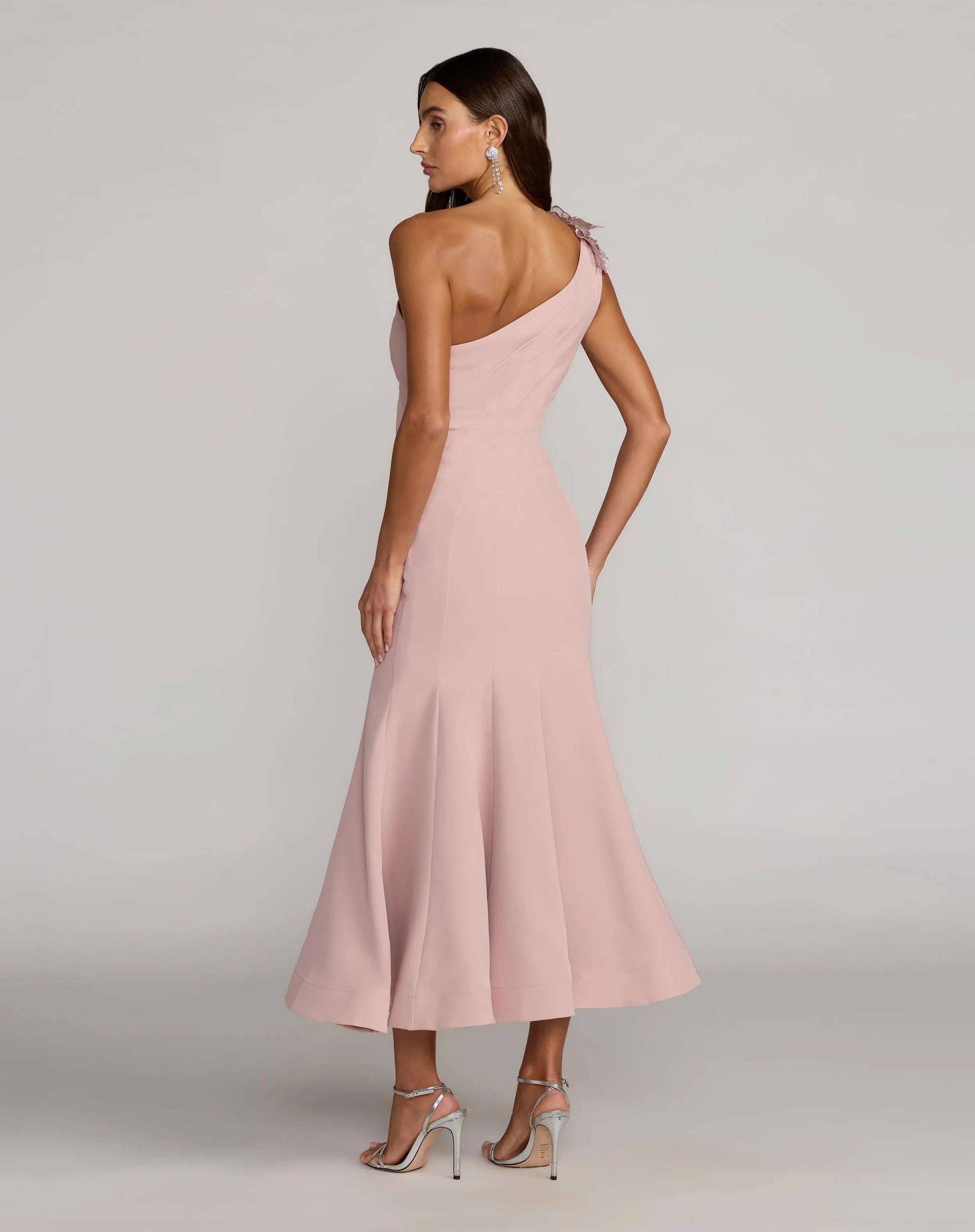 Pink One Shoulder Trumpet Midi Dress with 3D Flower