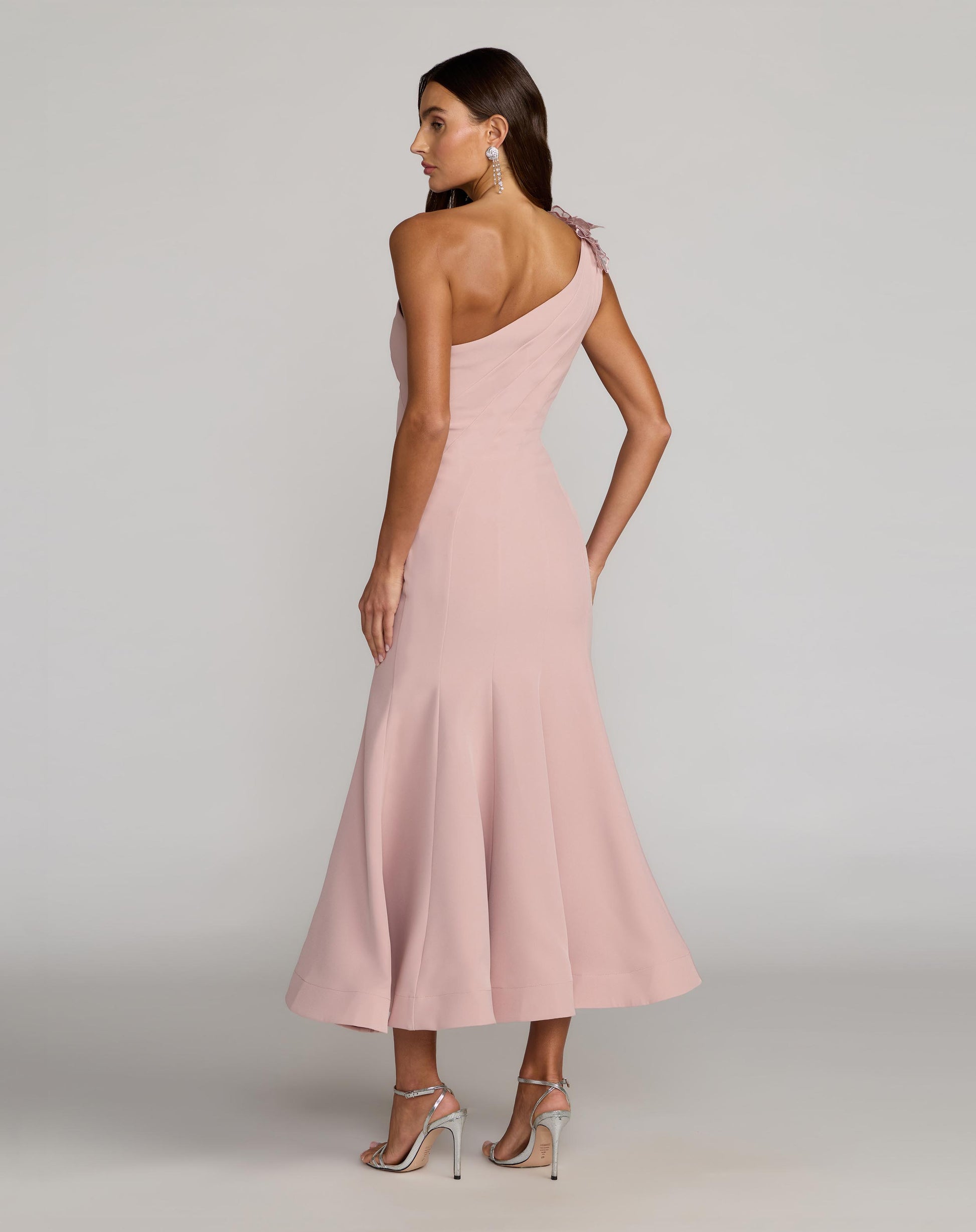 Pink One Shoulder Trumpet Midi Dress with 3D Flower Mac Duggal