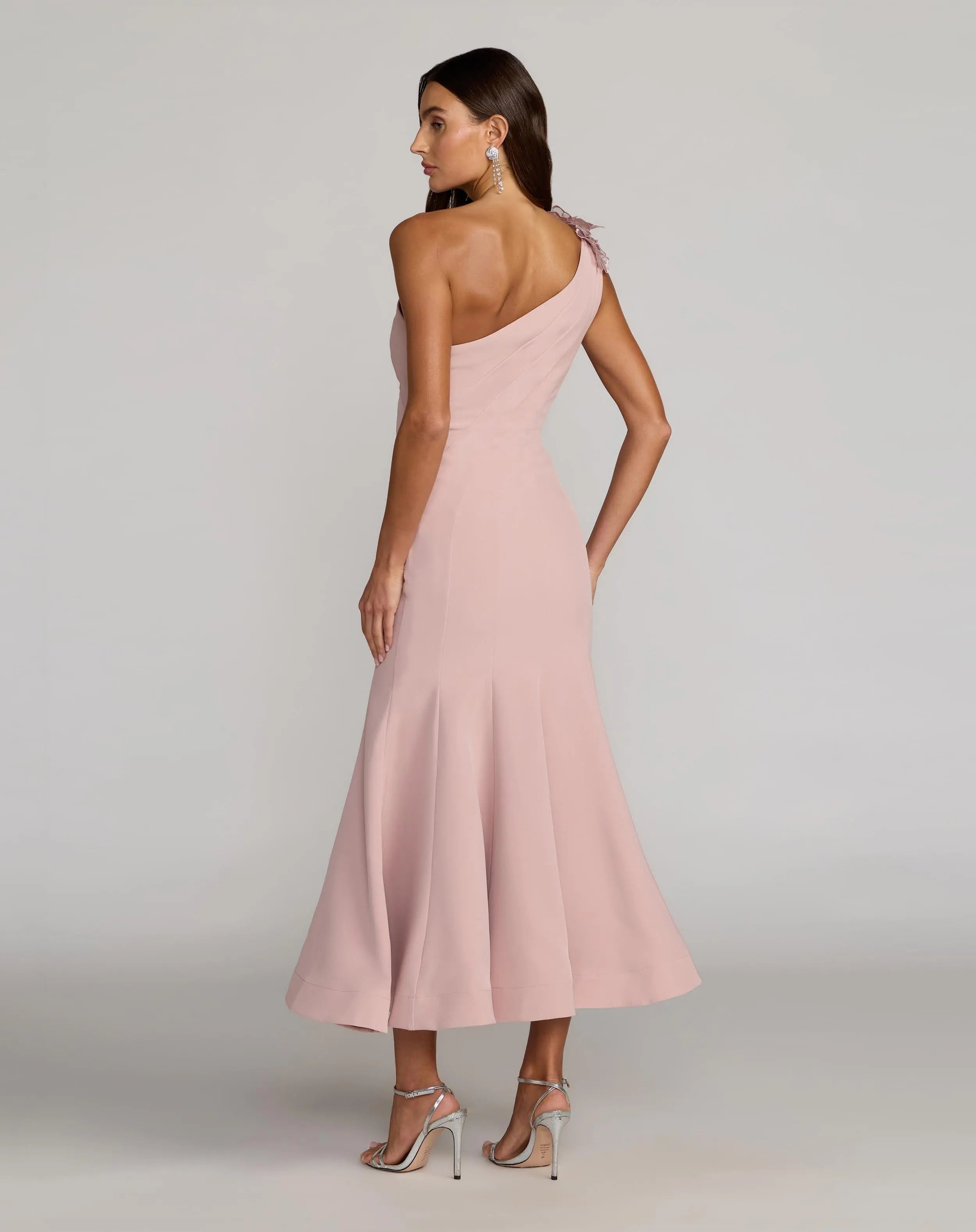 Pink One Shoulder Trumpet Midi Dress with 3D Flower Mac Duggal