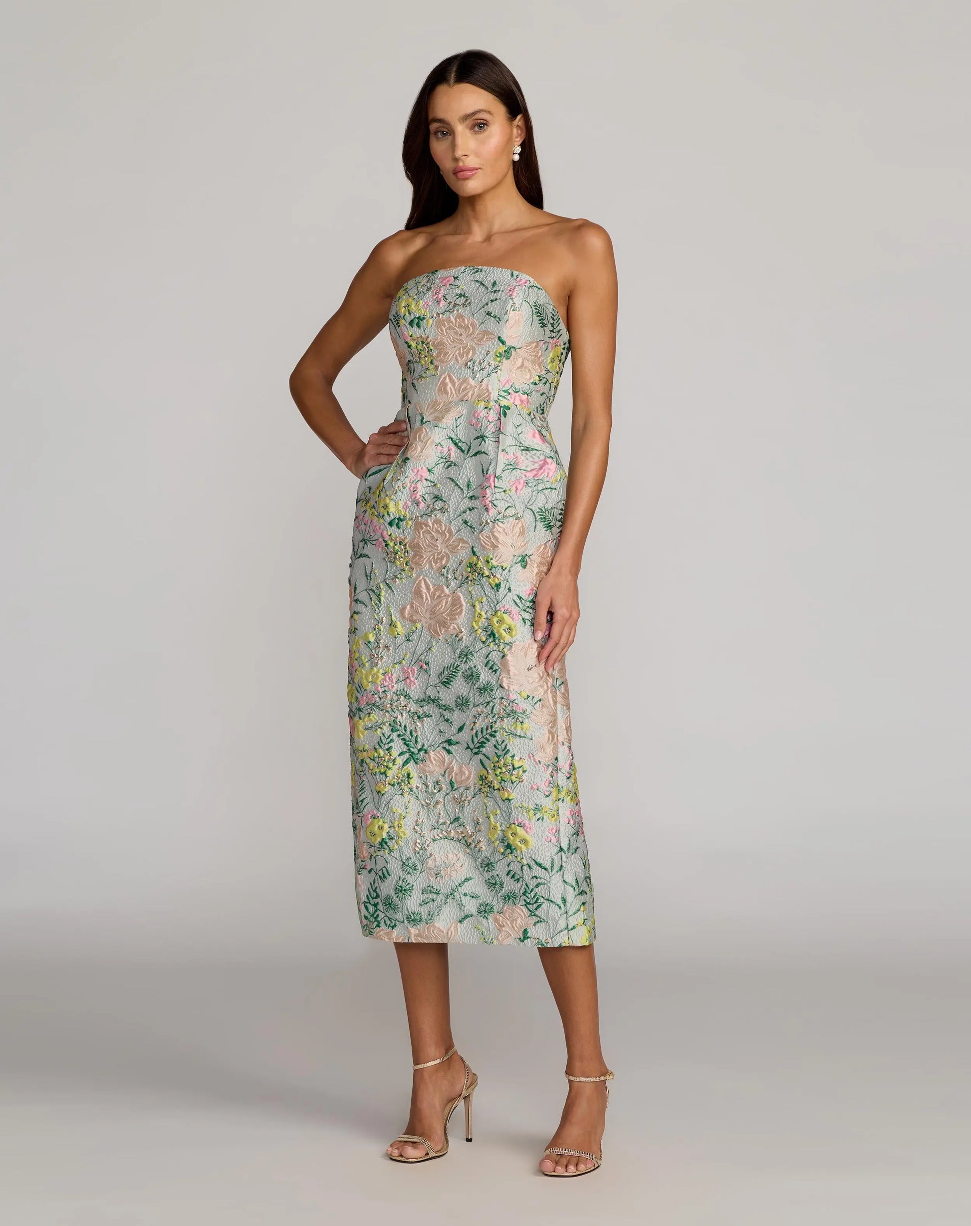 Multicolor Strapless Brocade Midi Dress With Pockets