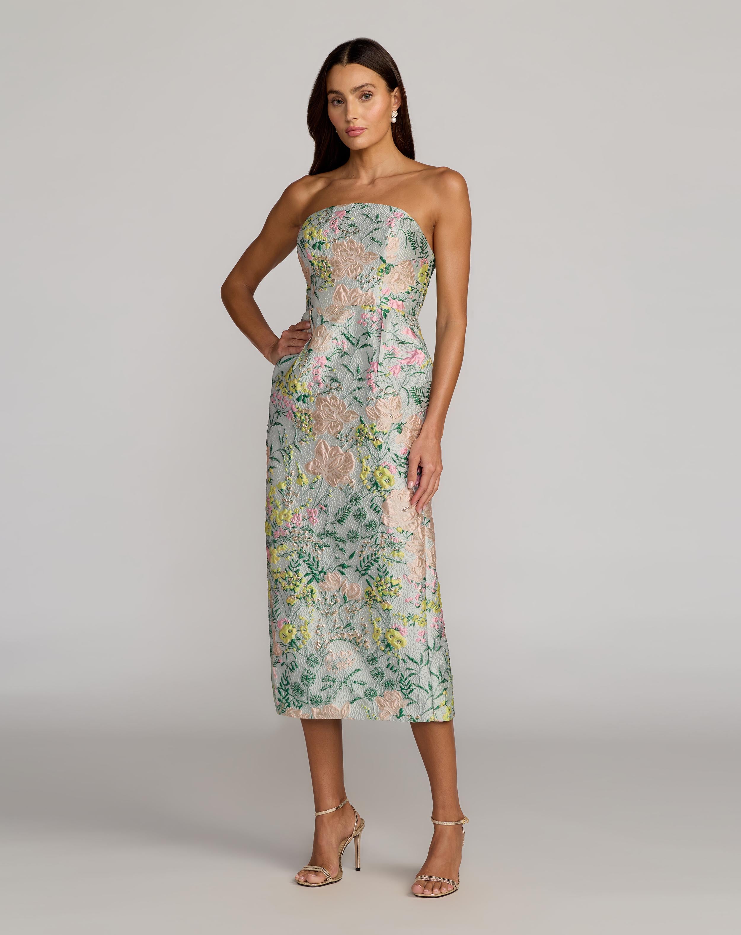 Multicolor Strapless Brocade Midi Dress With Pockets - Mac Duggal