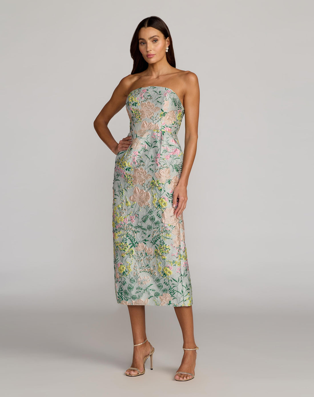 Multicolor Strapless Brocade Midi Dress With Pockets - Mac Duggal