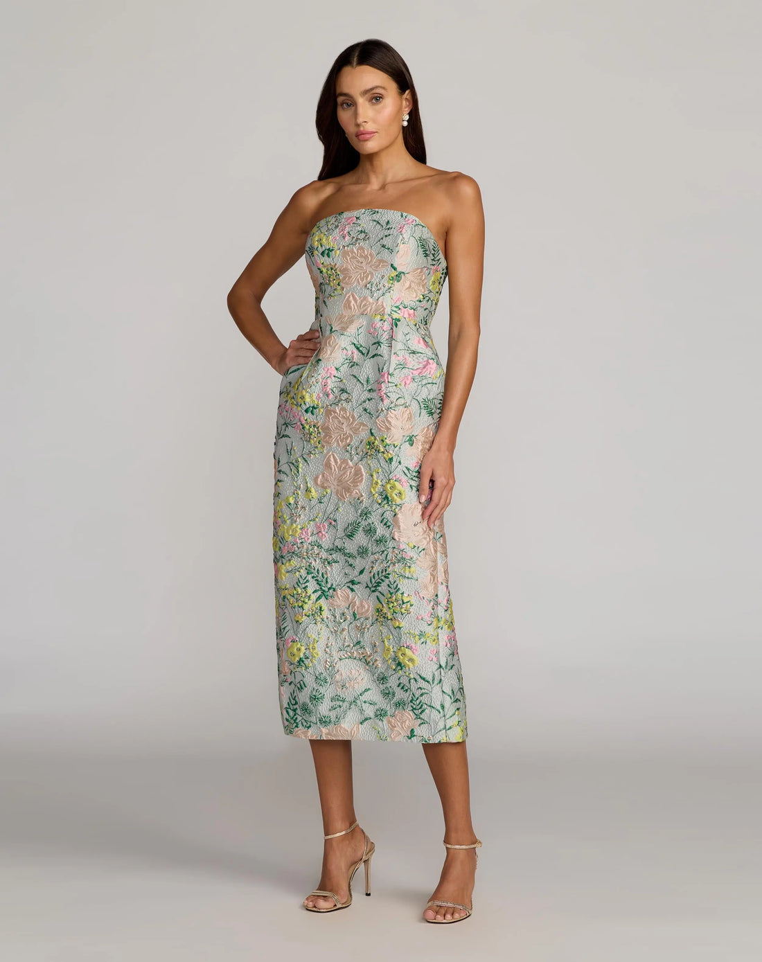 Multicolor Strapless Brocade Midi Dress With Pockets
