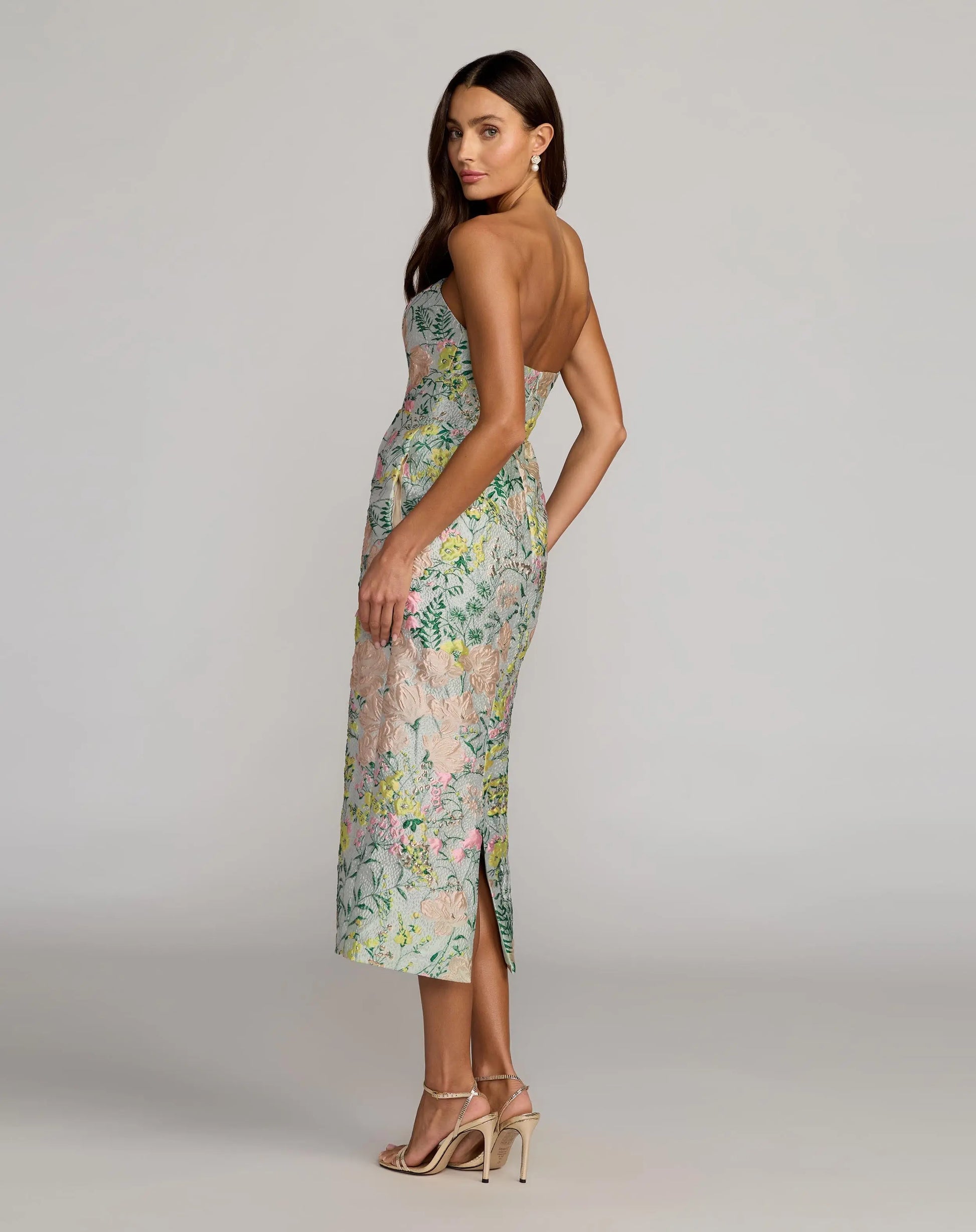Multicolor Strapless Brocade Midi Dress With Pockets Multicolor Strapless Brocade Midi Dress With Pockets