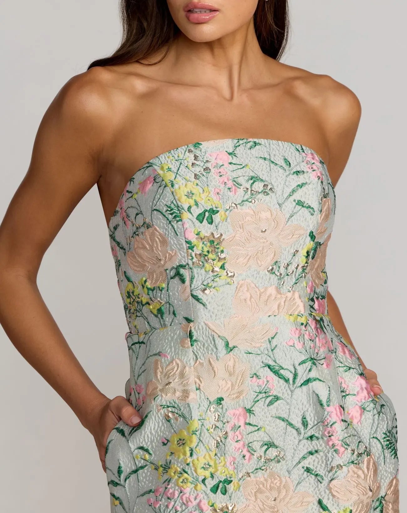 gold strapless brocade midi dress with pockets Multicolor Strapless Brocade Midi Dress With Pockets