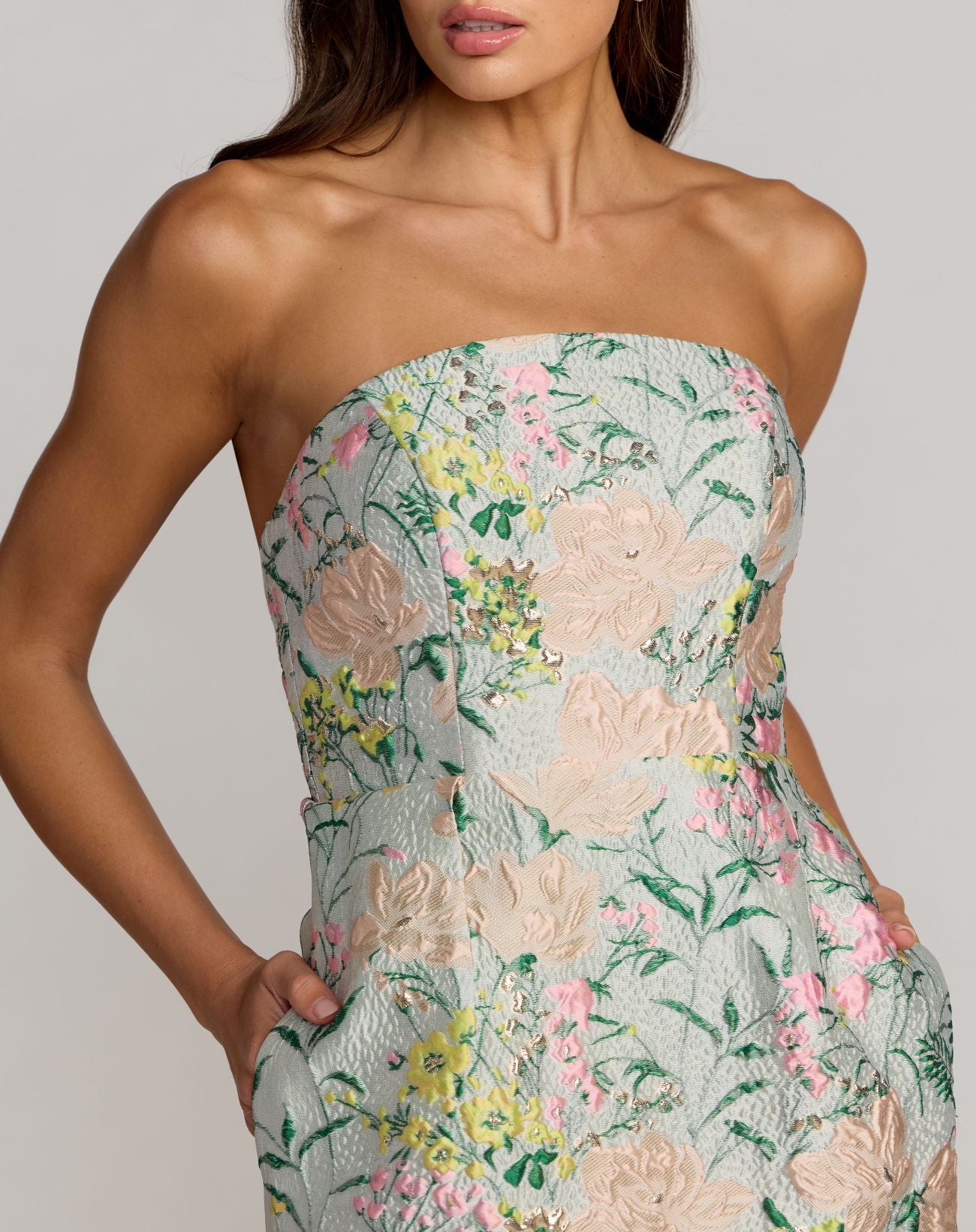 Multicolor Strapless Brocade Midi Dress With Pockets - Mac Duggal