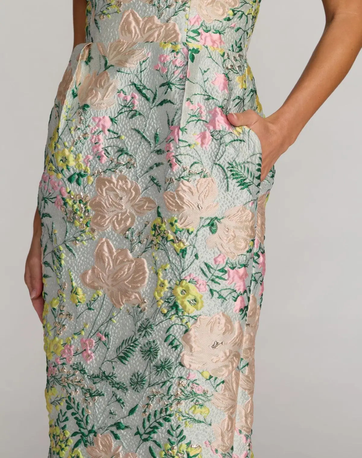 gold strapless brocade midi dress with pockets Mac Duggal - Multicolor Strapless Brocade Midi Dress With Pockets