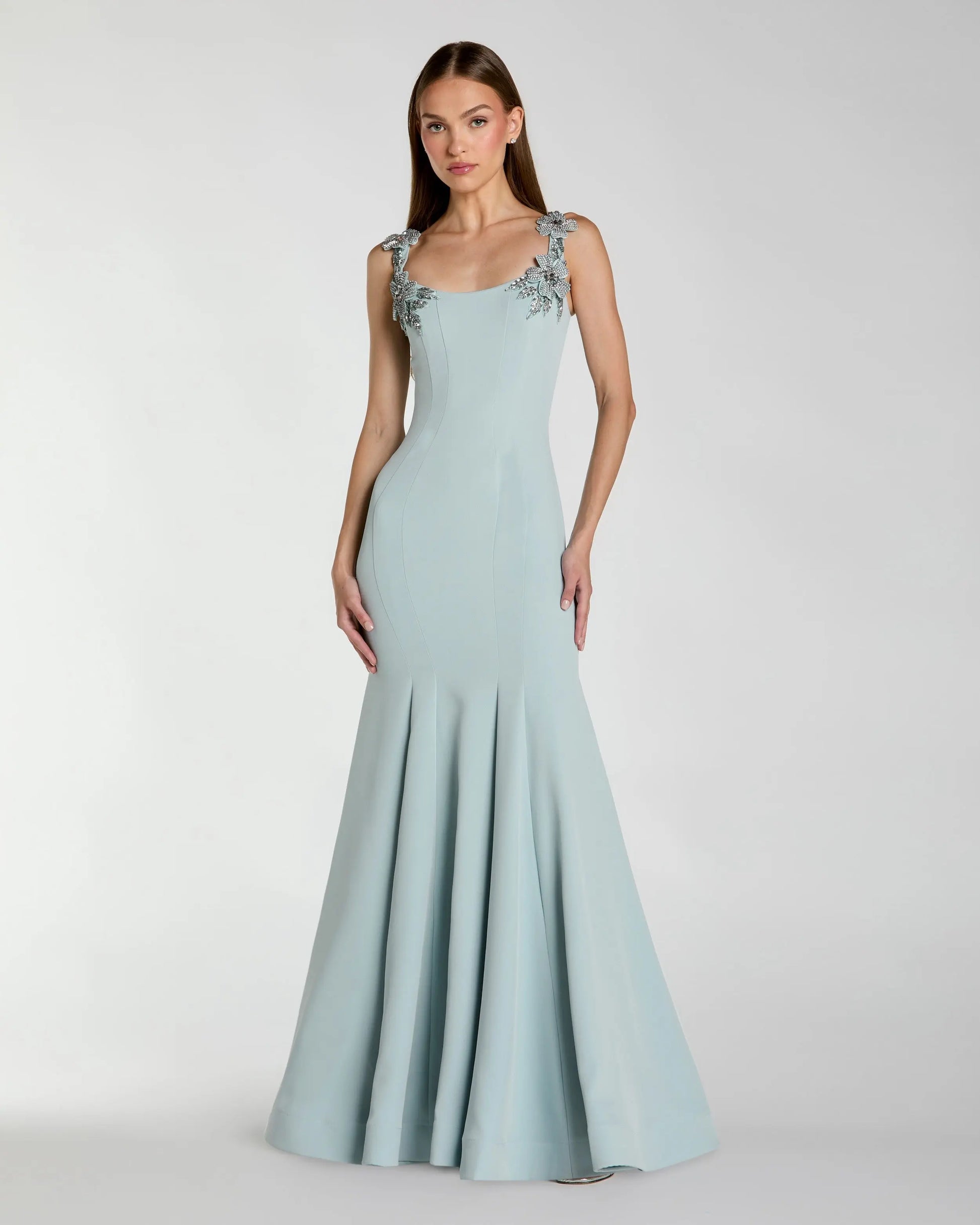 Light Blue Scoop Neck Mermaid Gown with Rhinestone Straps | Mac Duggal Light Blue Scoop Neck Mermaid Gown with Rhinestone Straps | Mac Duggal