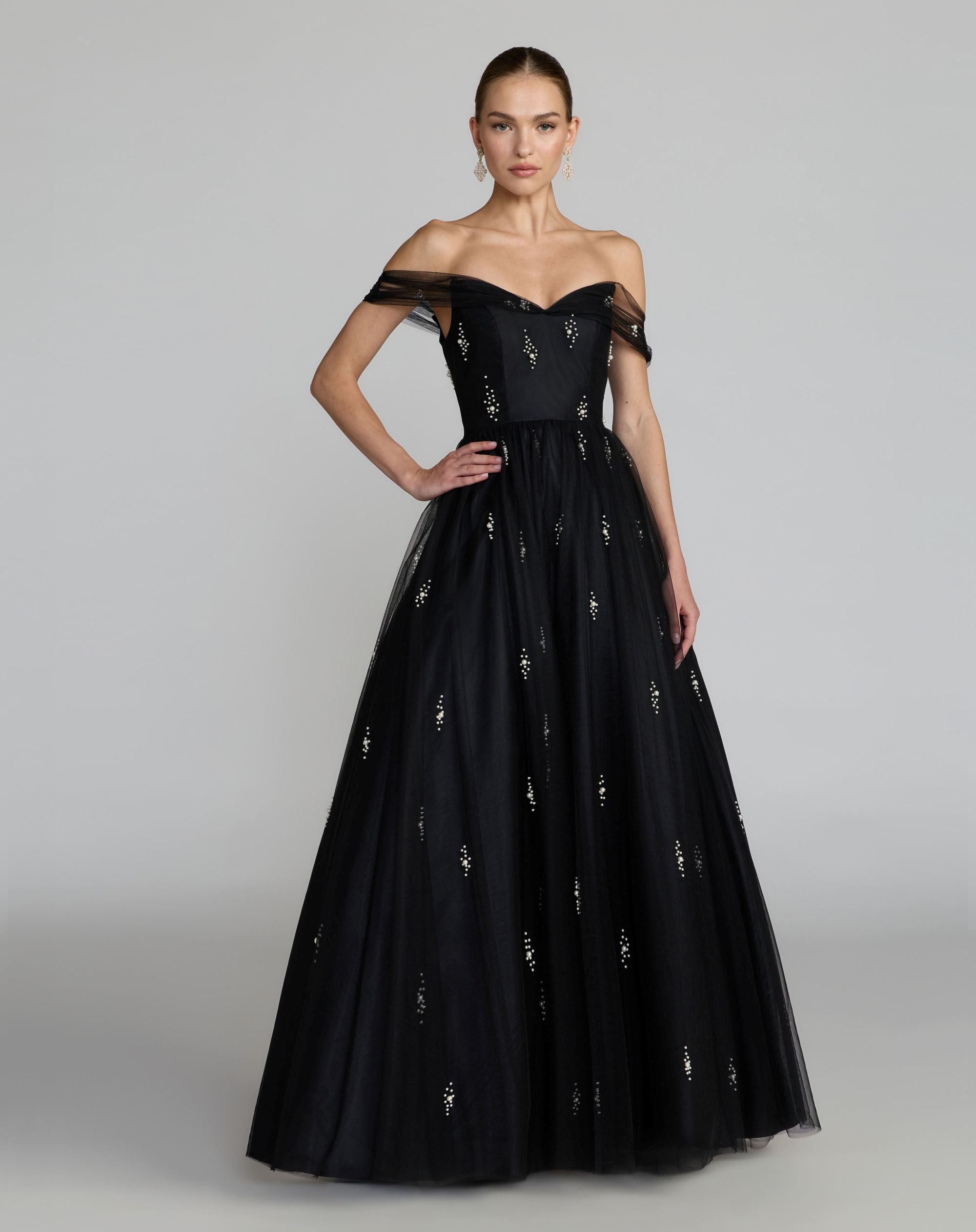 Black Pearl Embellished Off The Shoulder Ball Gown