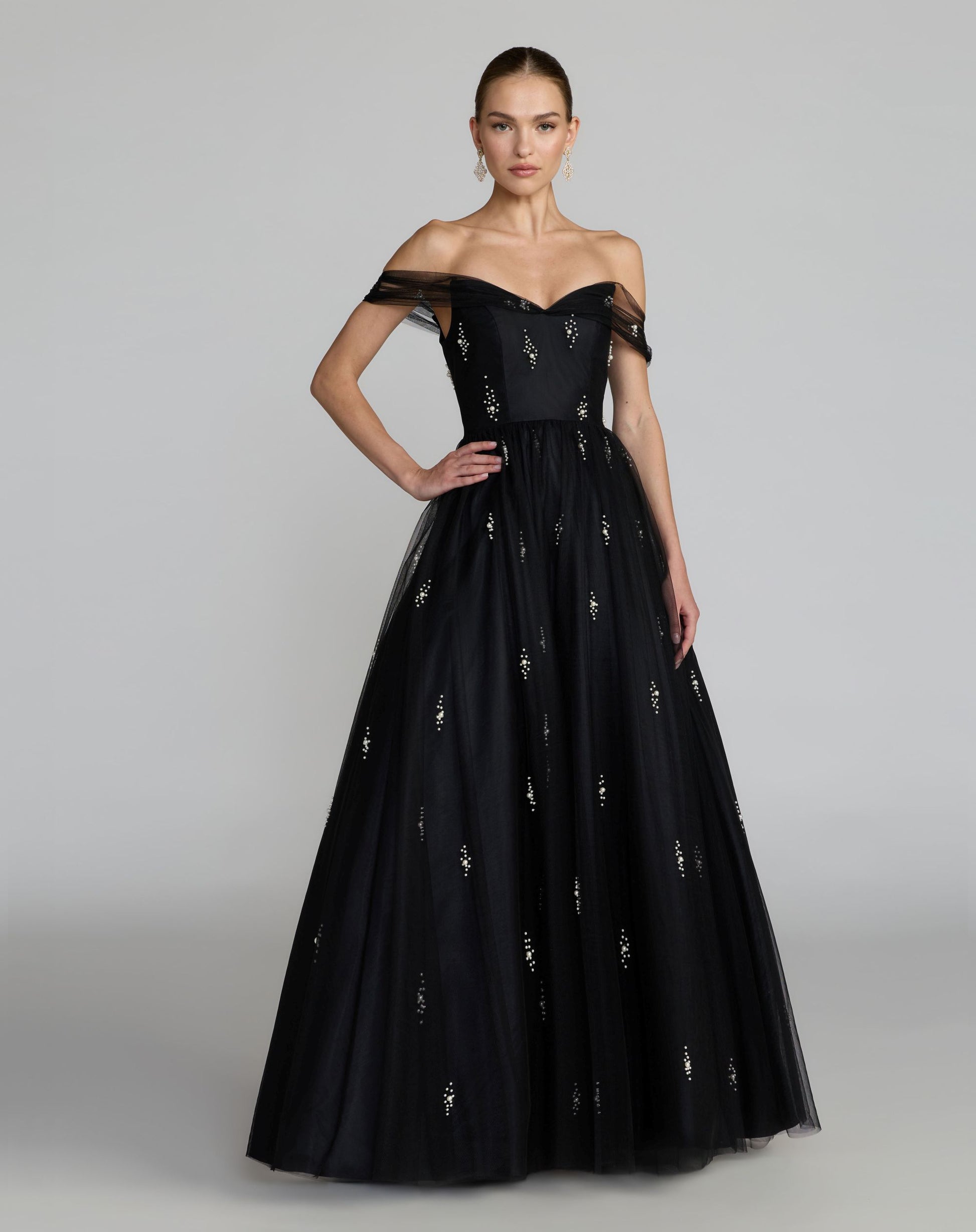 Black Pearl Embellished Off The Shoulder Ball Gown
