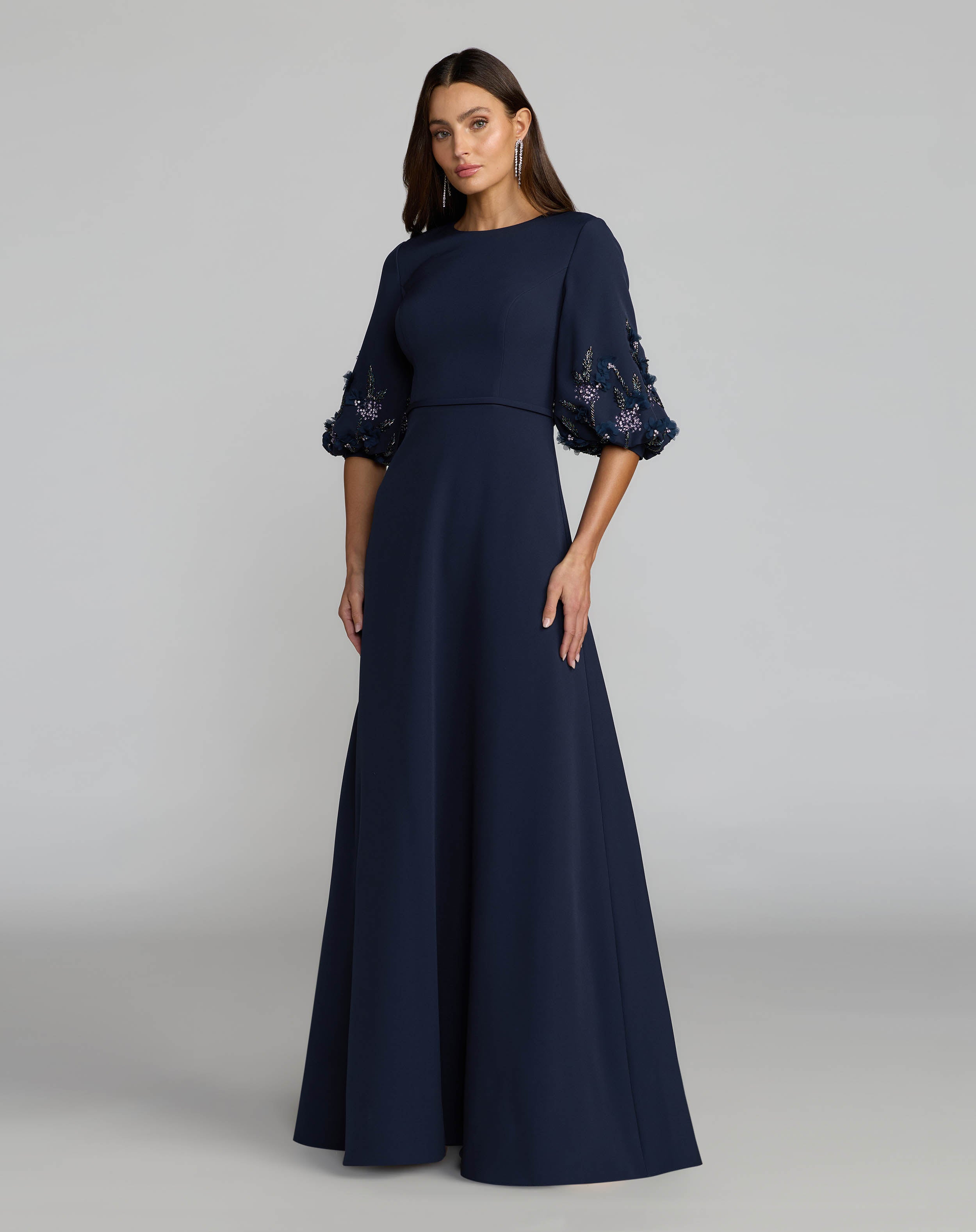 Navy Crepe A Line Gown with Embellished Puff Sleeves Mac Duggal
