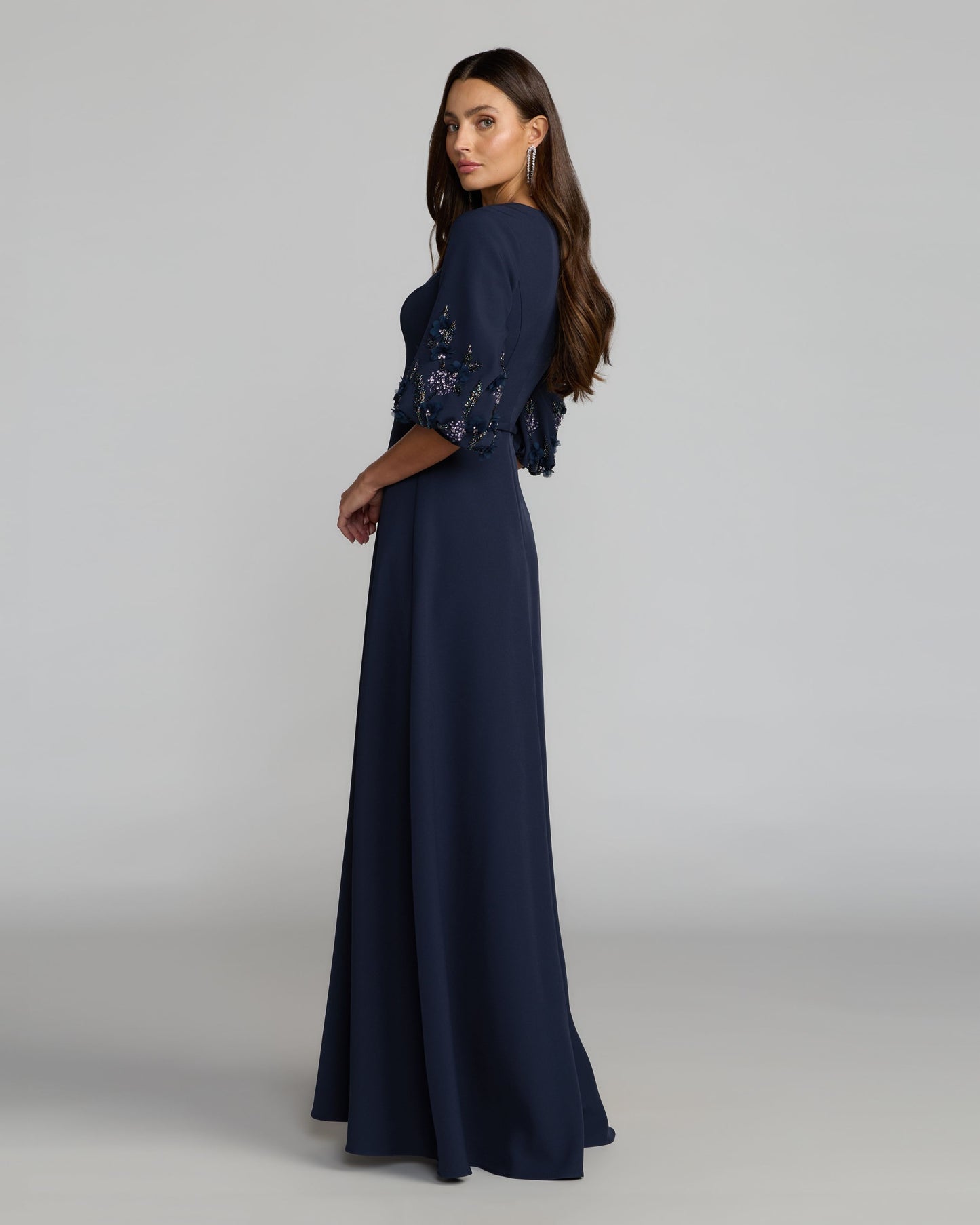 Navy Crepe A Line Gown with Embellished Puff Sleeves Mac Duggal