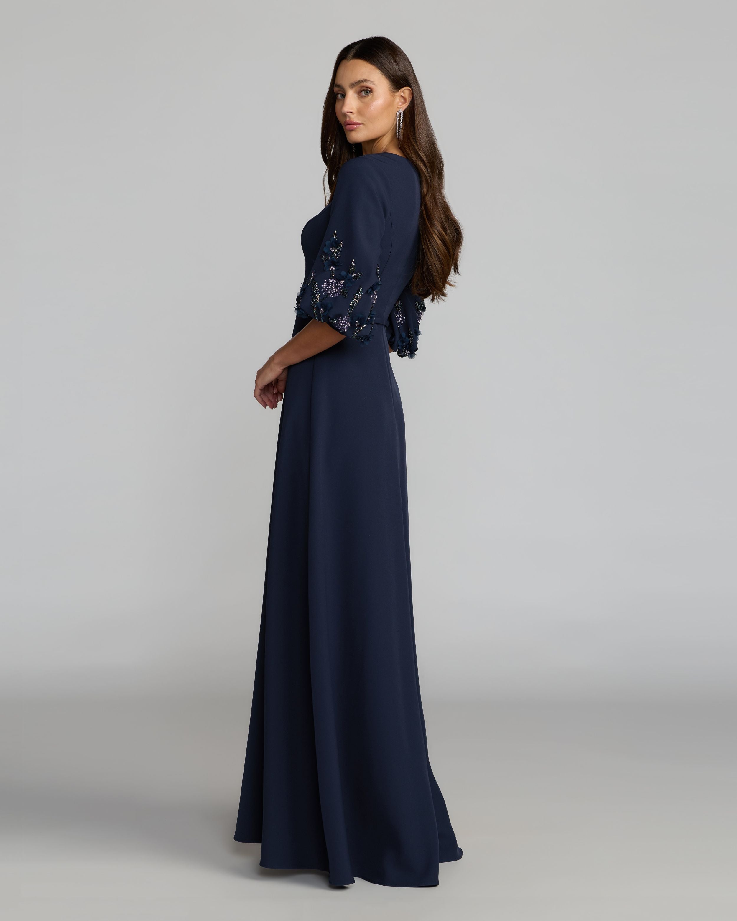 Navy Crepe A Line Gown with Embellished Puff Sleeves Mac Duggal