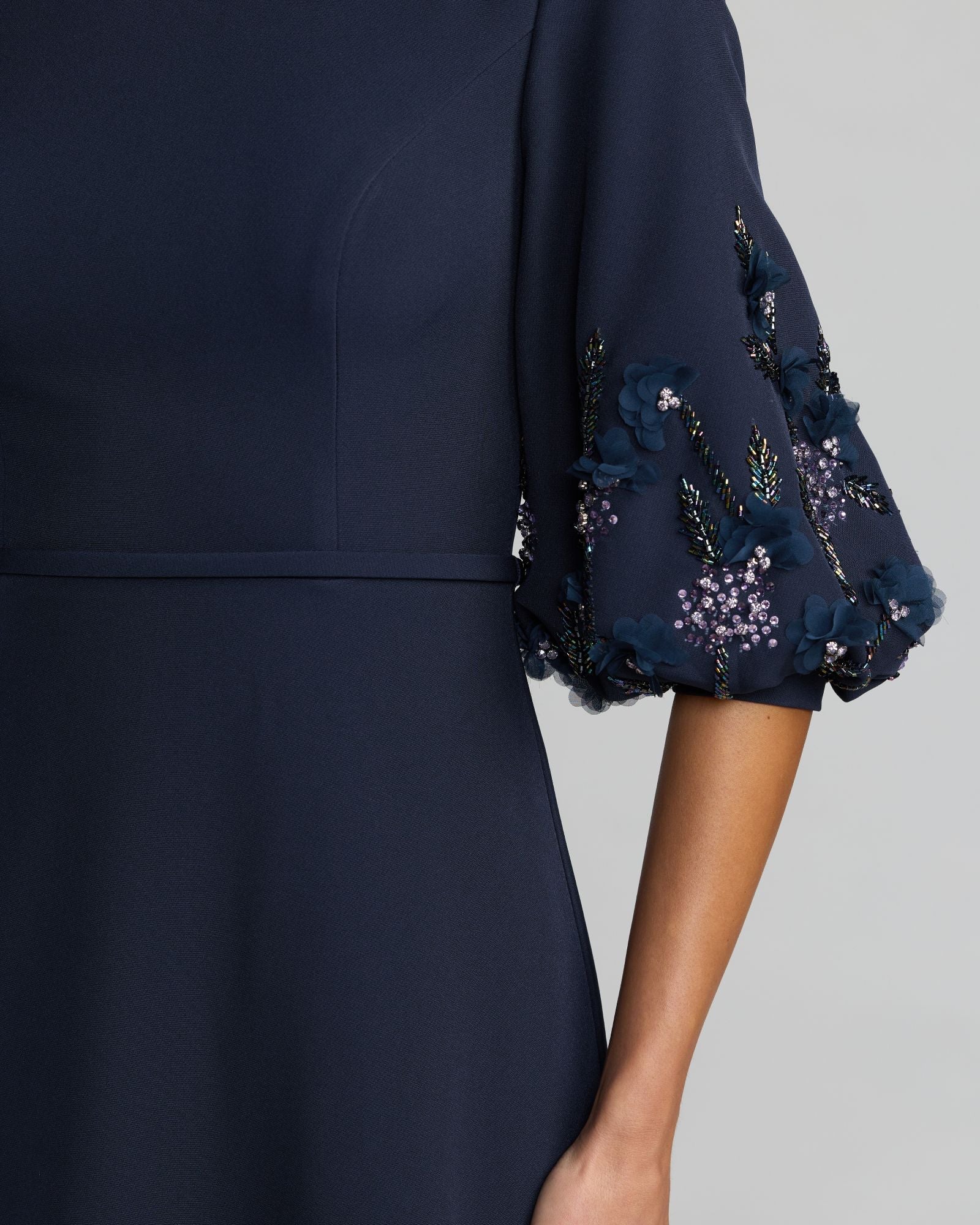 Navy Crepe A Line Gown with Embellished Puff Sleeves Mac Duggal
