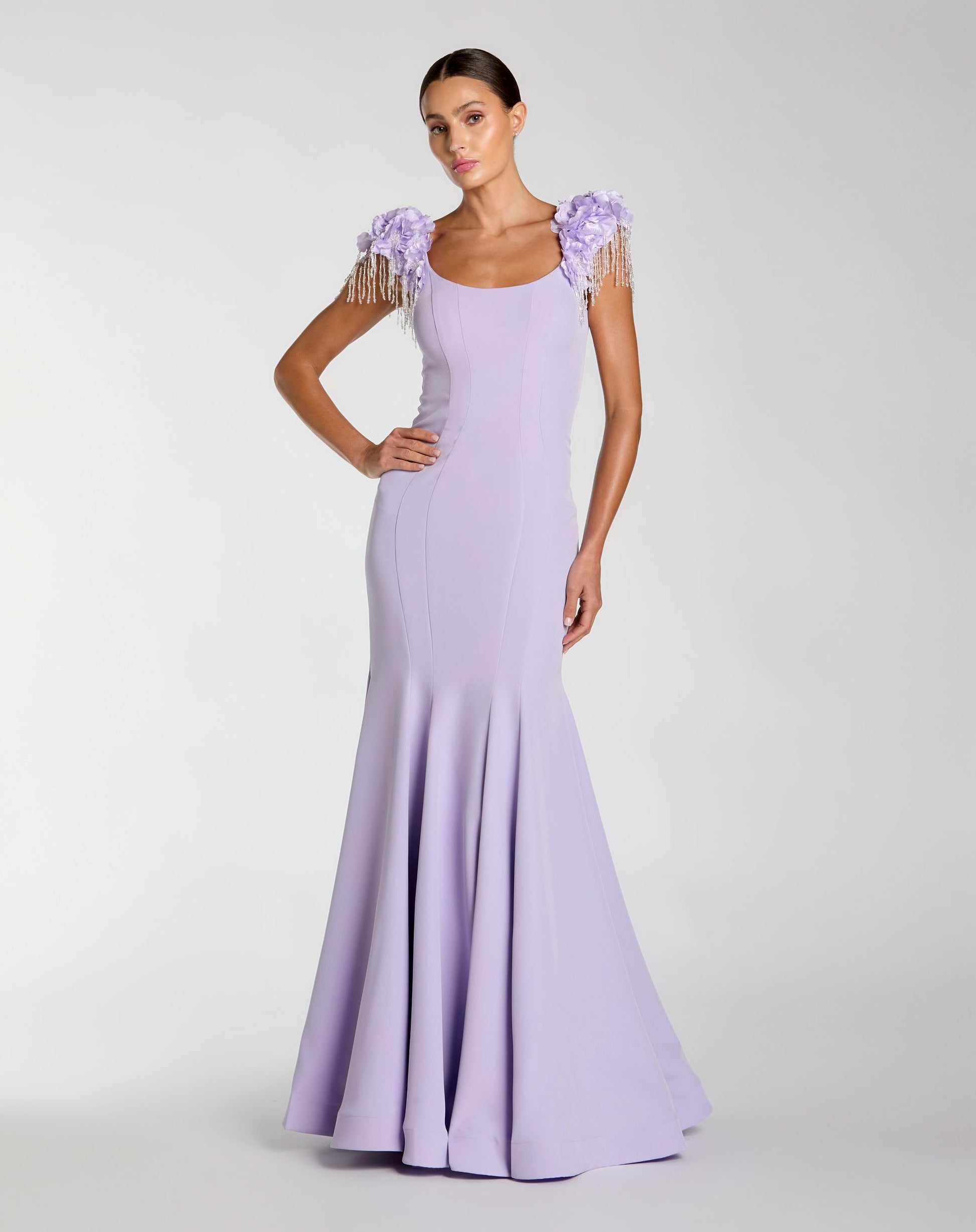 Purple Scoop Neck Mermaid Gown With Embellished Sleeves  - Mac Duggal