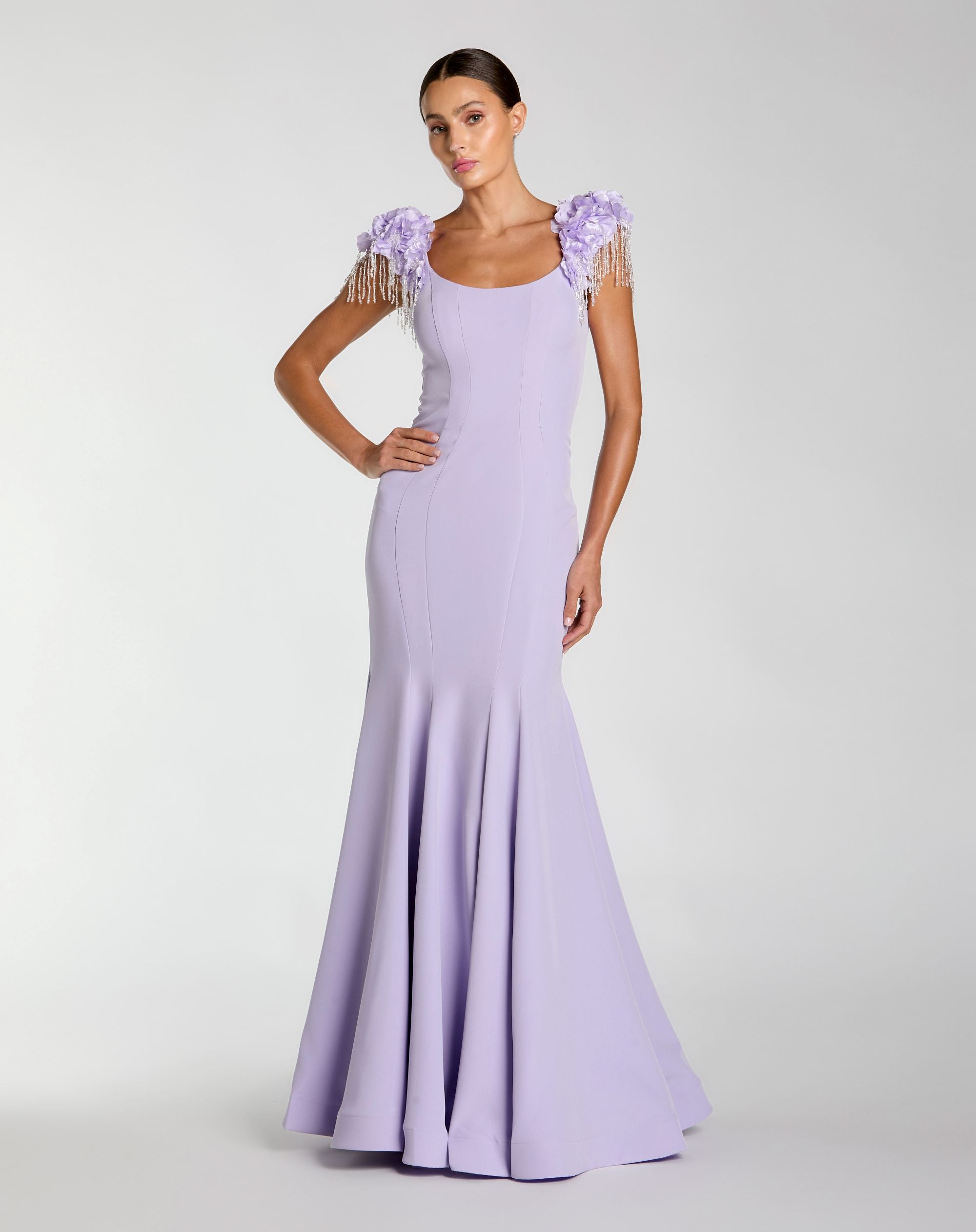 Purple Scoop Neck Mermaid Gown With Embellished Sleeves  - Mac Duggal