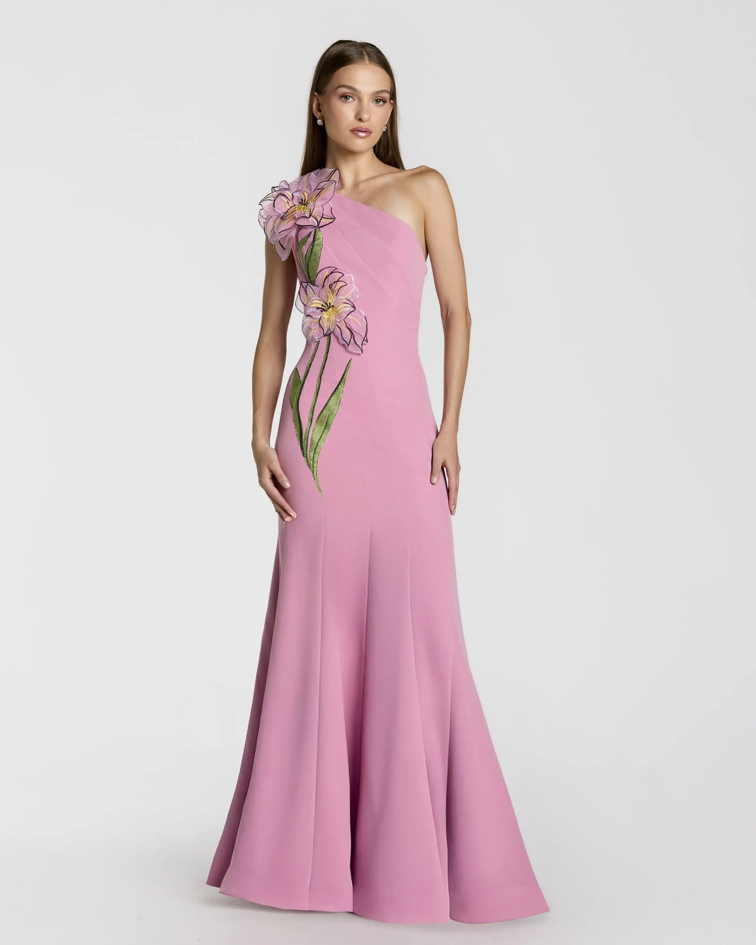 Pink One Shoulder Mermaid Gown With 3D Flower | Mac Duggal