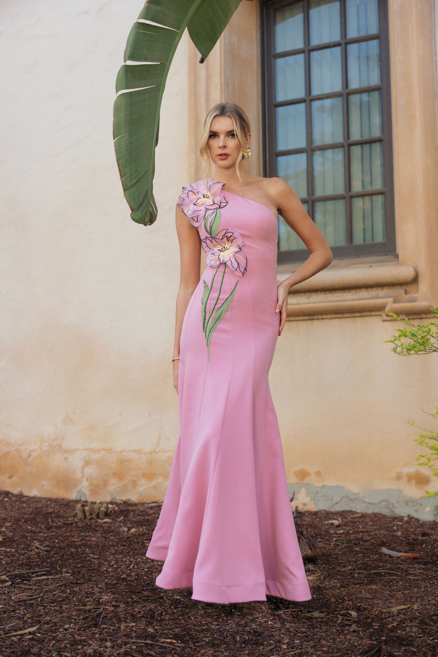 Pink One Shoulder Mermaid Gown With 3D Flower Mac Duggal