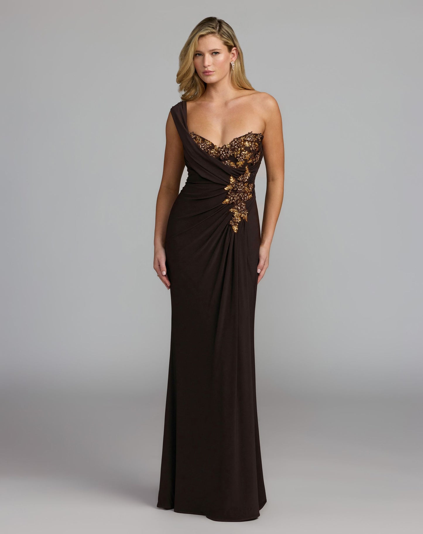 Brown One Shoulder Embellished Jersey Gown - Mac Duggal