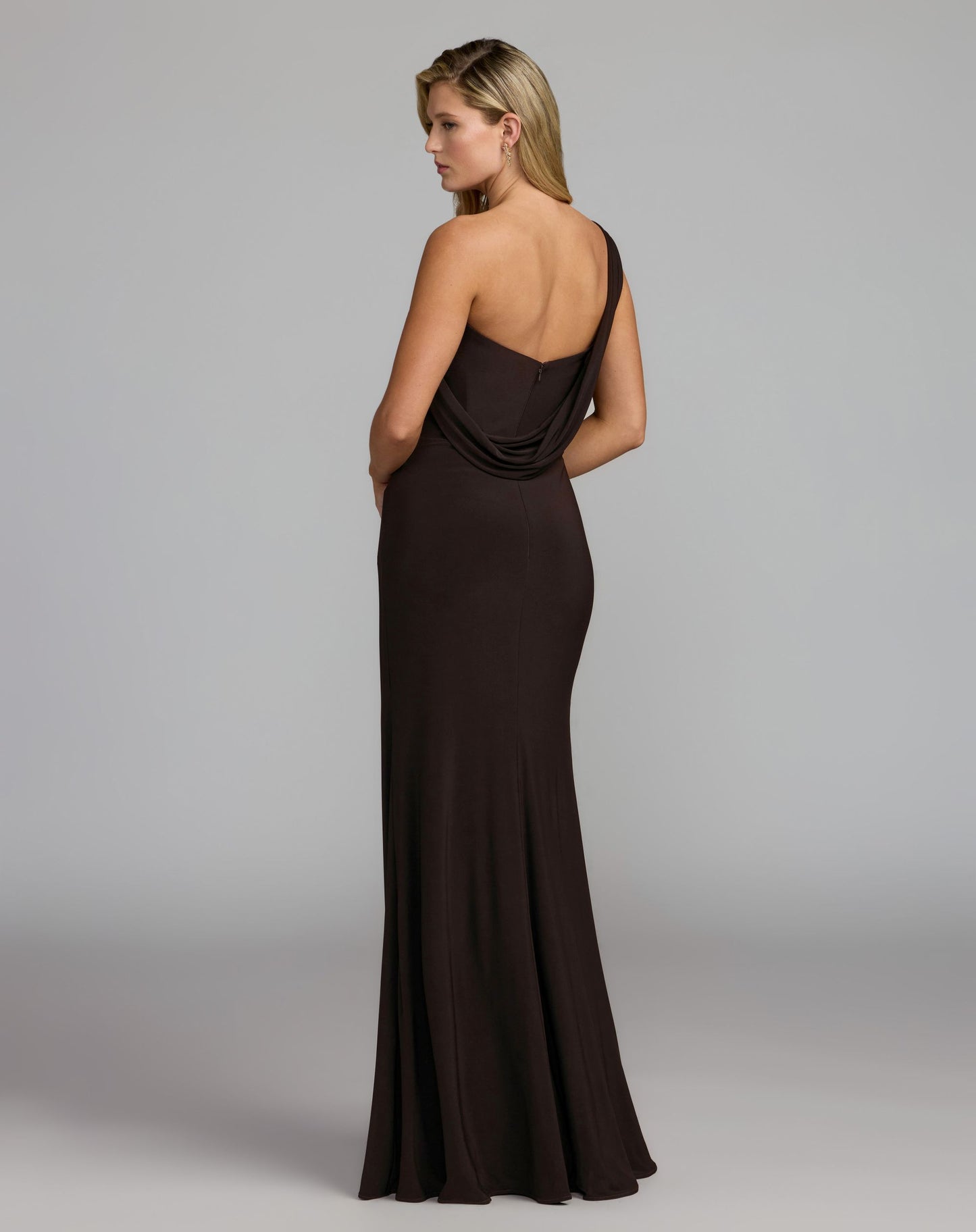 Brown One Shoulder Embellished Jersey Gown - Mac Duggal