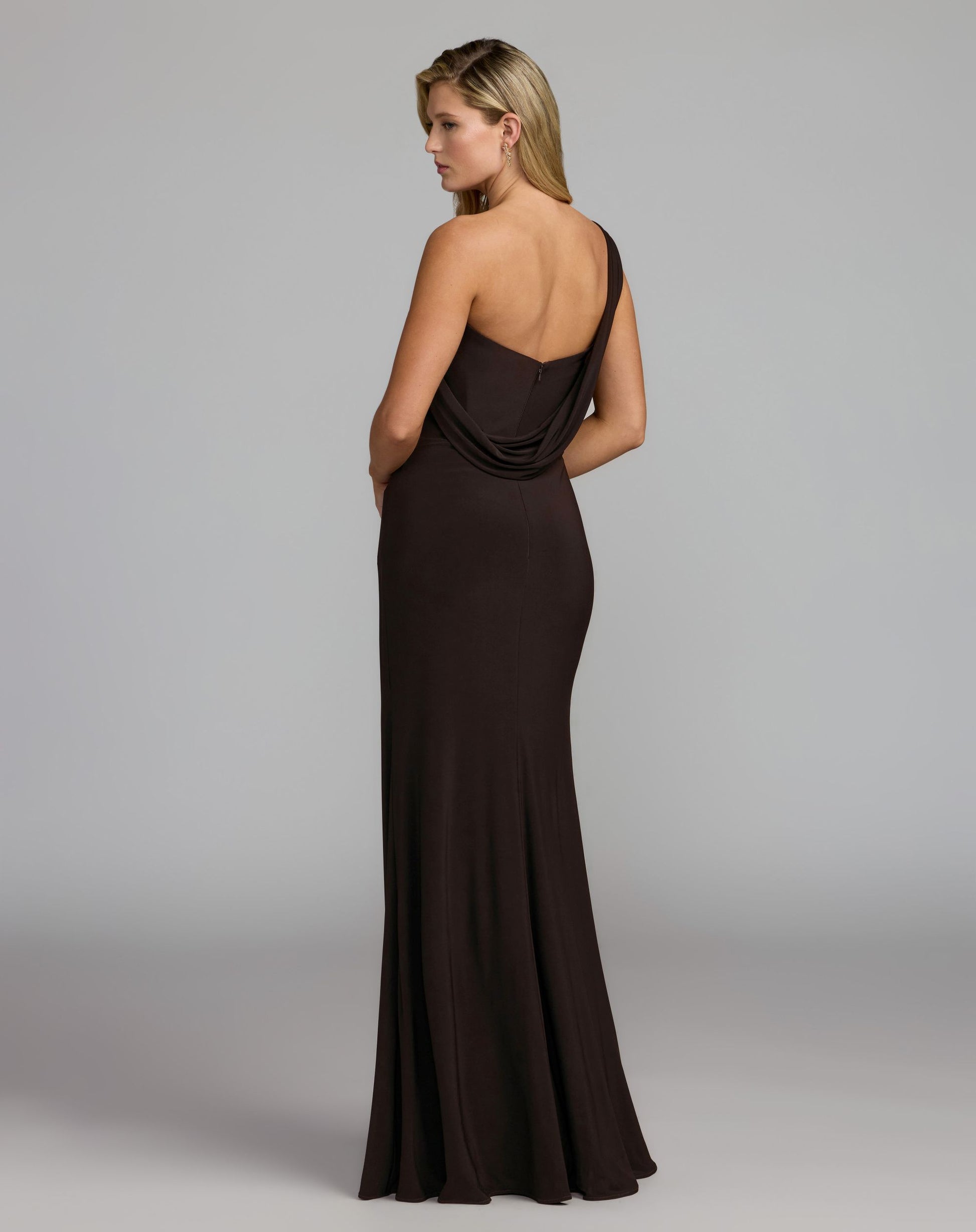 Brown One Shoulder Embellished Jersey Gown - Mac Duggal