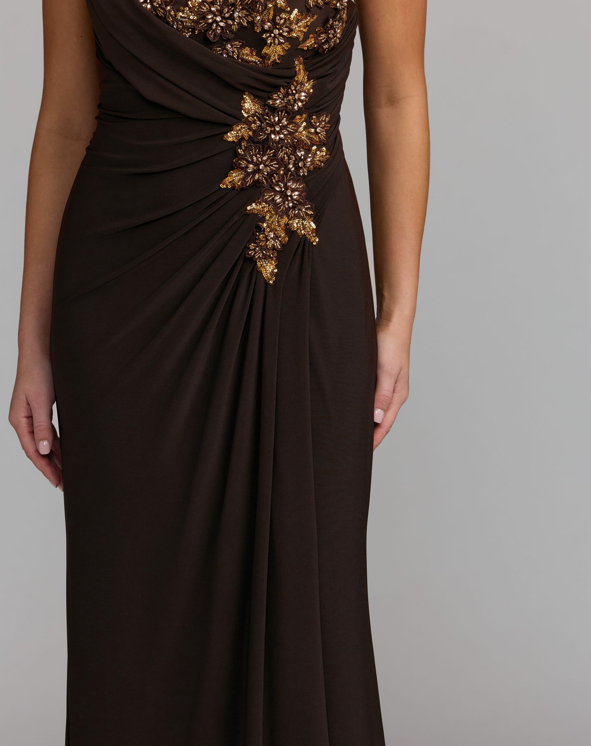 Brown One Shoulder Embellished Jersey Gown - Mac Duggal
