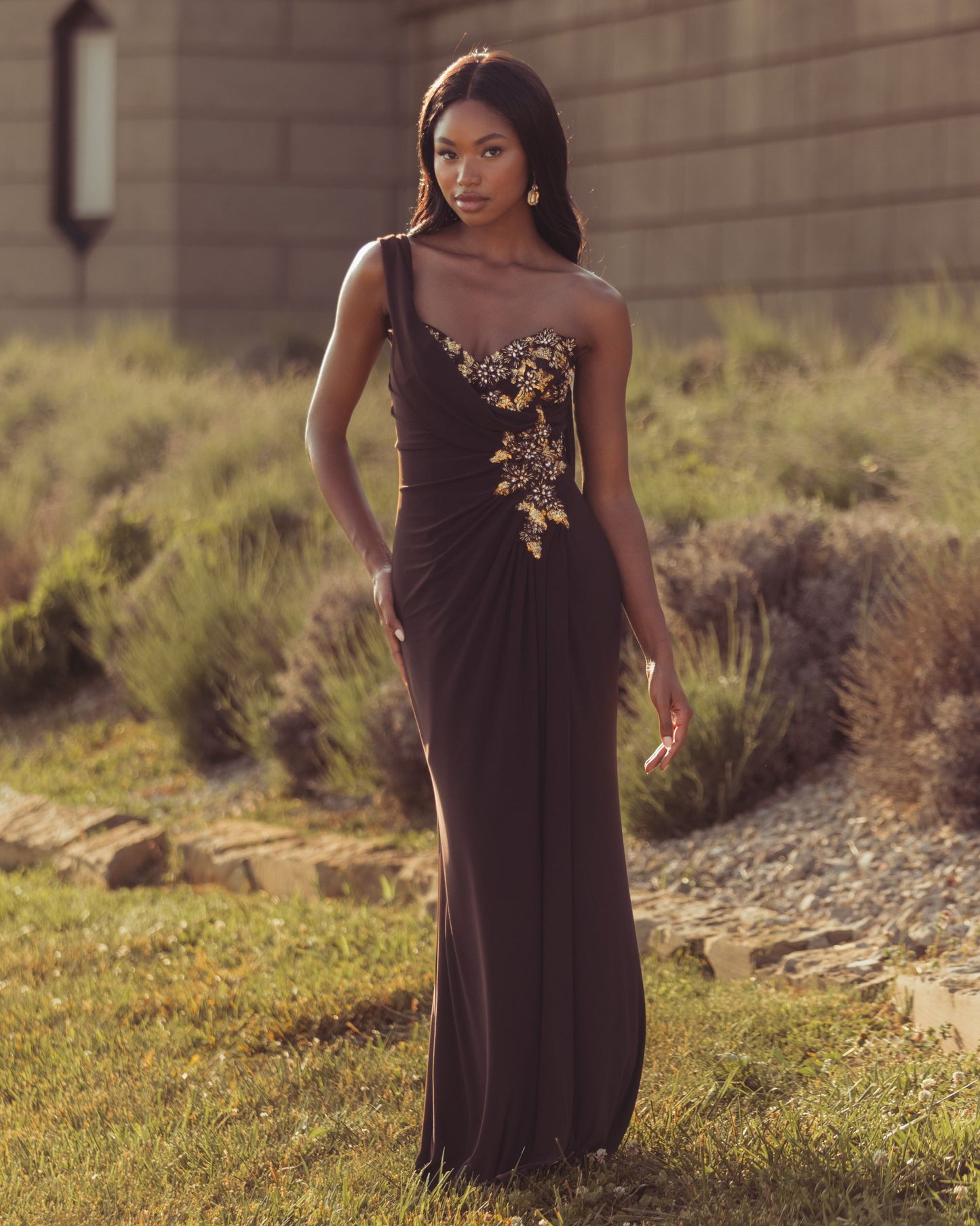 Brown One Shoulder Embellished Jersey Gown - Mac Duggal