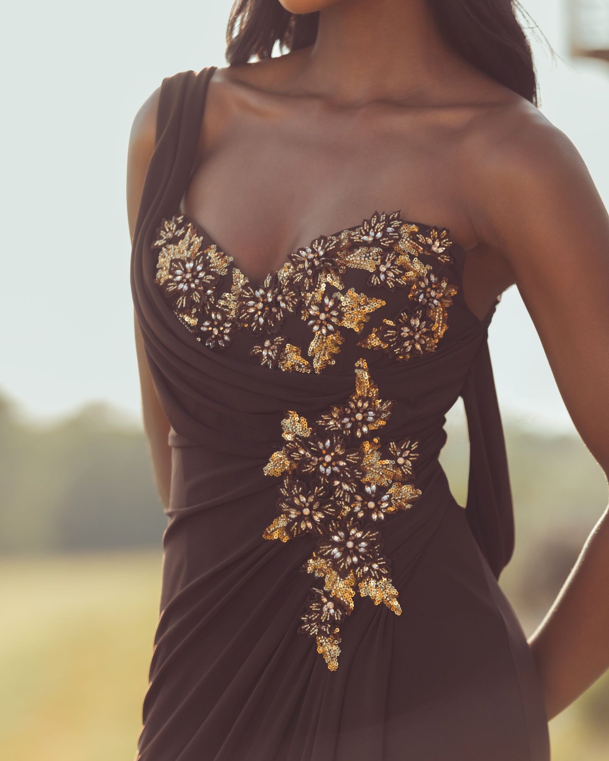 Brown One Shoulder Embellished Jersey Gown - Mac Duggal