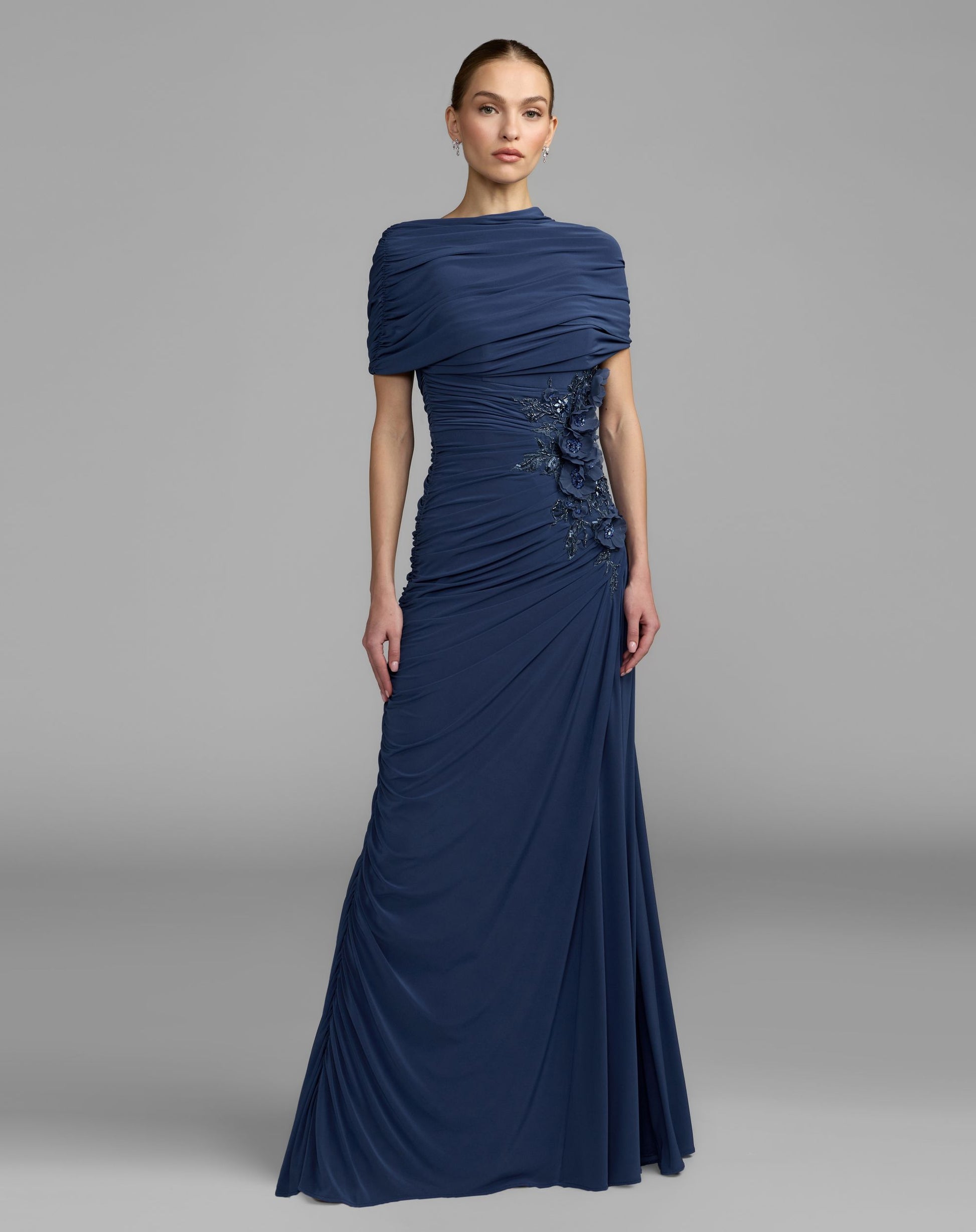 Navy Embellished Jersey Draped Column Gown - Mac Duggal