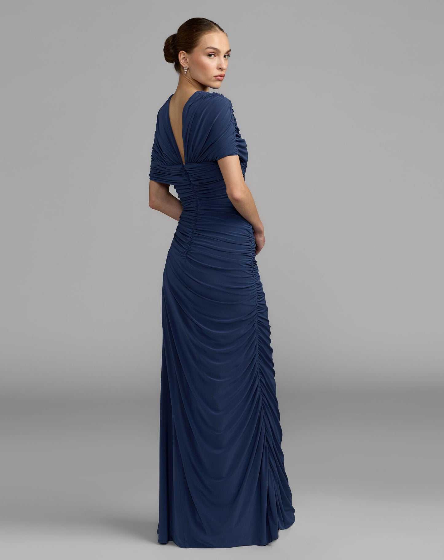 Navy Embellished Jersey Draped Column Gown - Mac Duggal