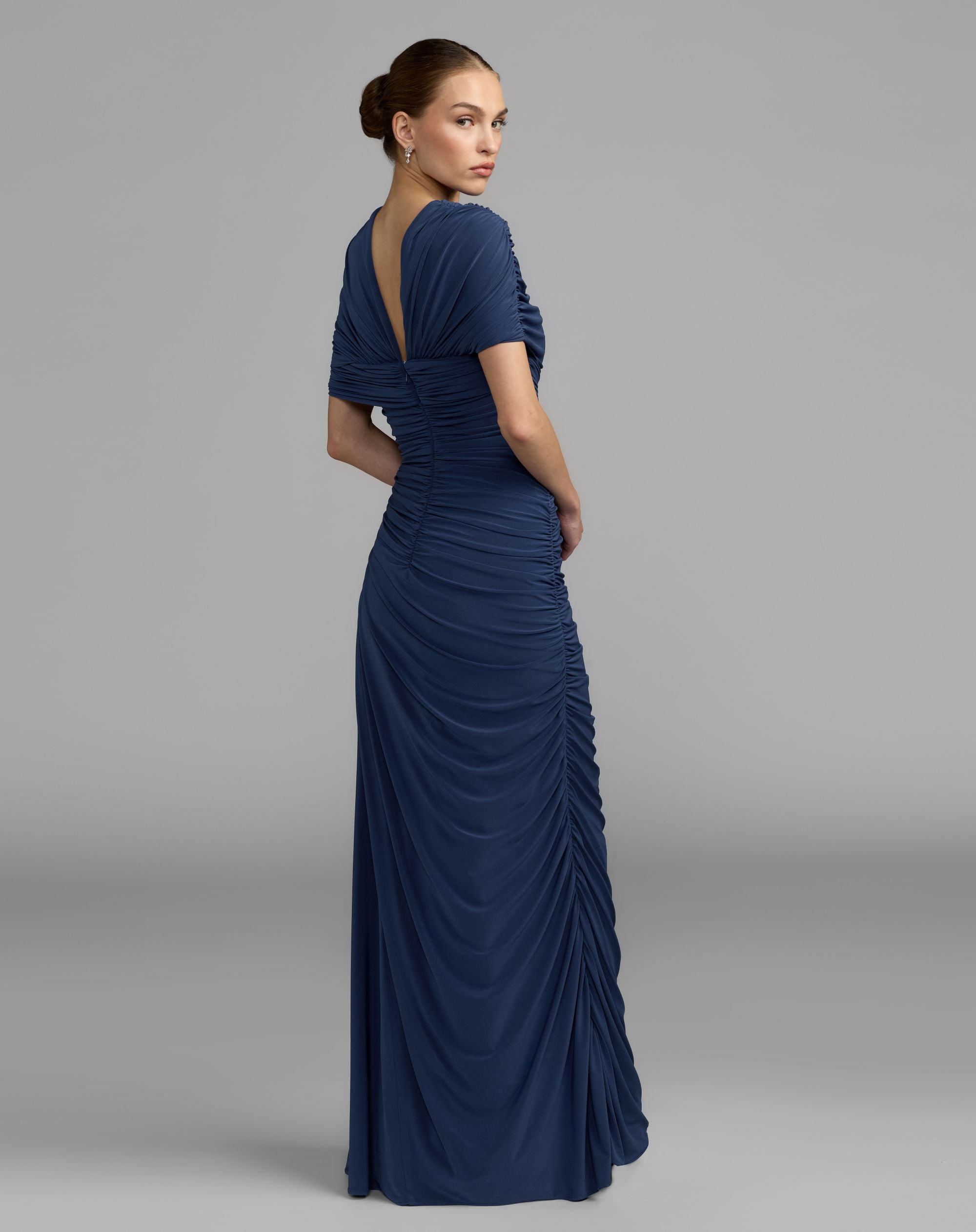 Navy Embellished Jersey Draped Column Gown - Mac Duggal