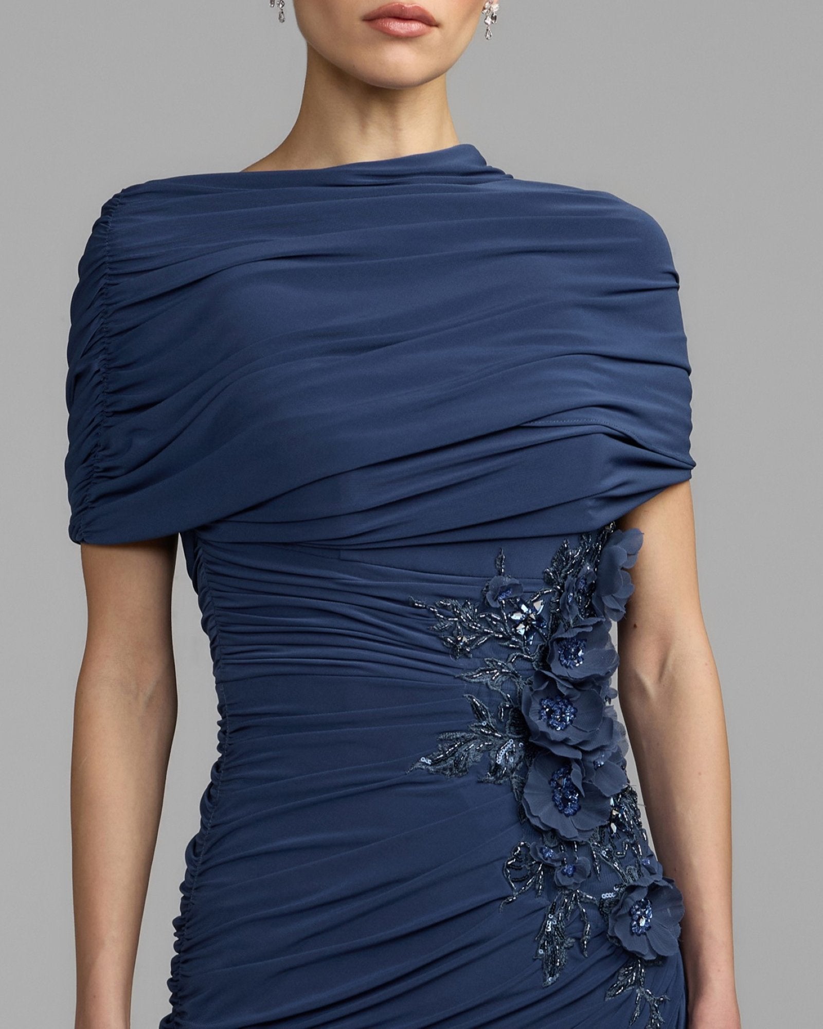 Navy Embellished Jersey Draped Column Gown - Mac Duggal