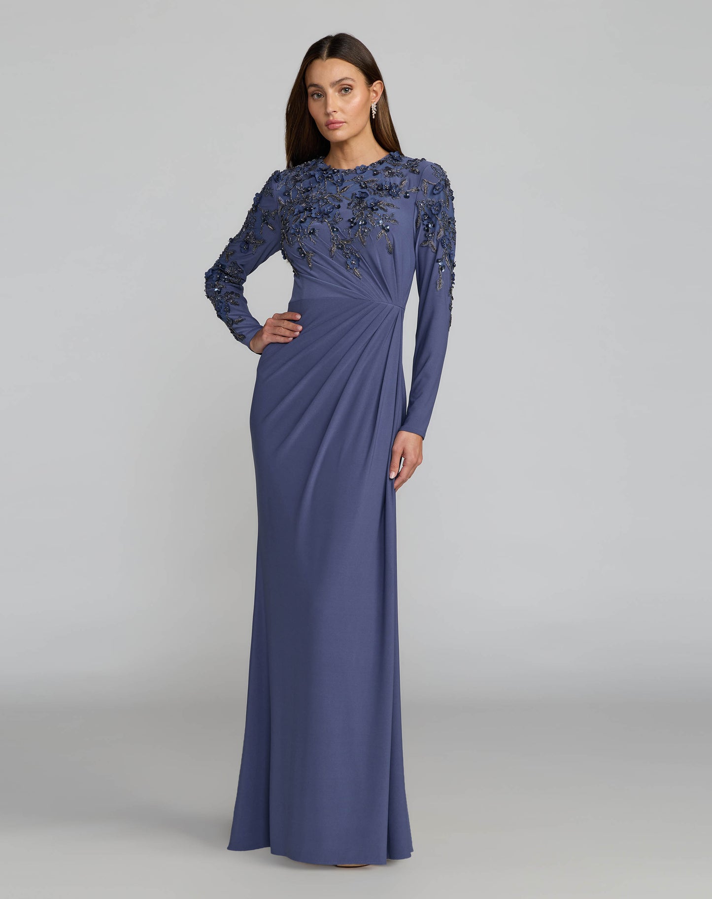 Blue High Neck Long Sleeve Beaded Jersey Gown - Mac Duggal