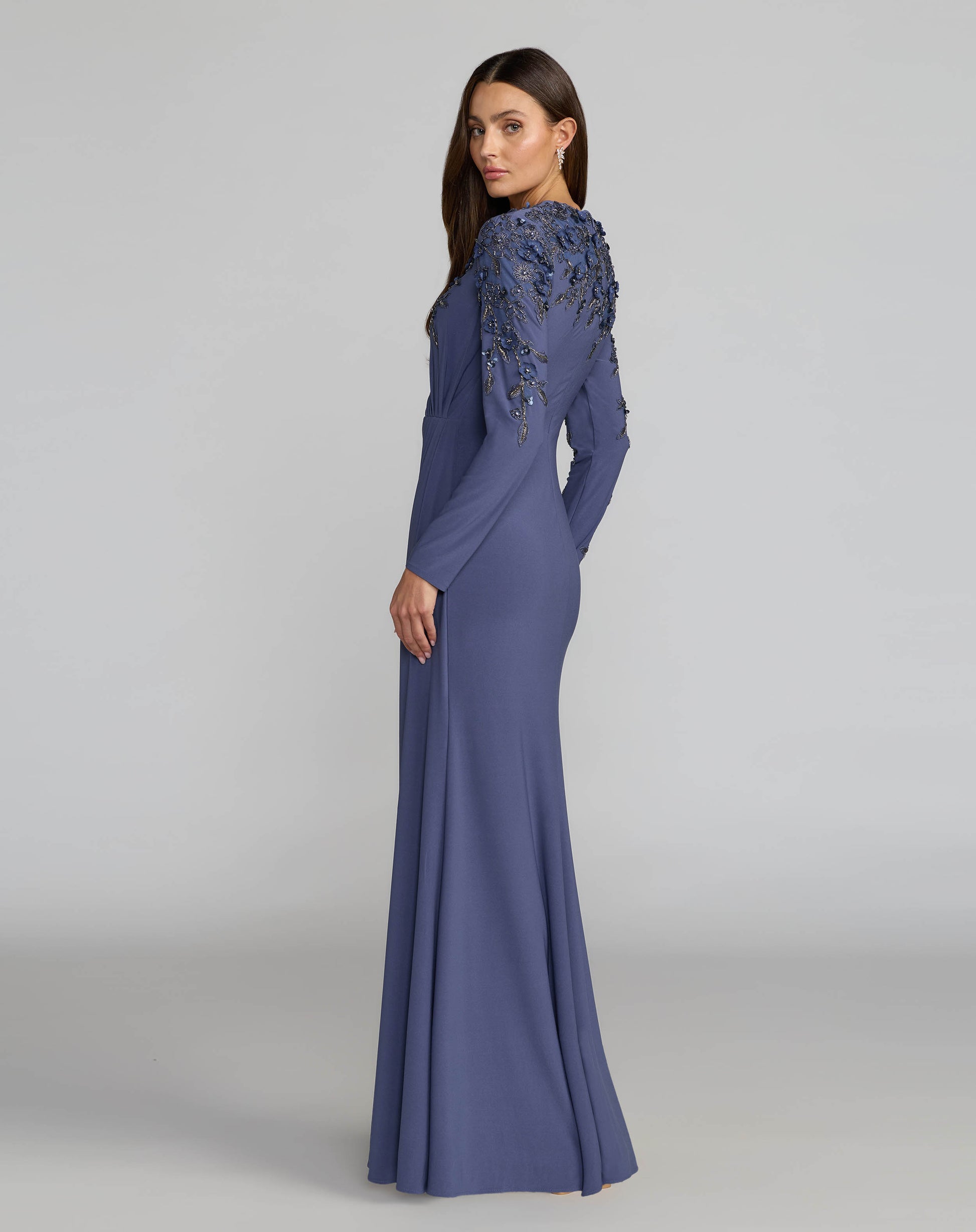 Blue High Neck Long Sleeve Beaded Jersey Gown