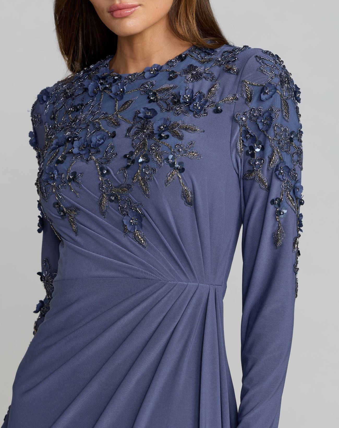 Blue High Neck Long Sleeve Beaded Jersey Gown - Mac Duggal